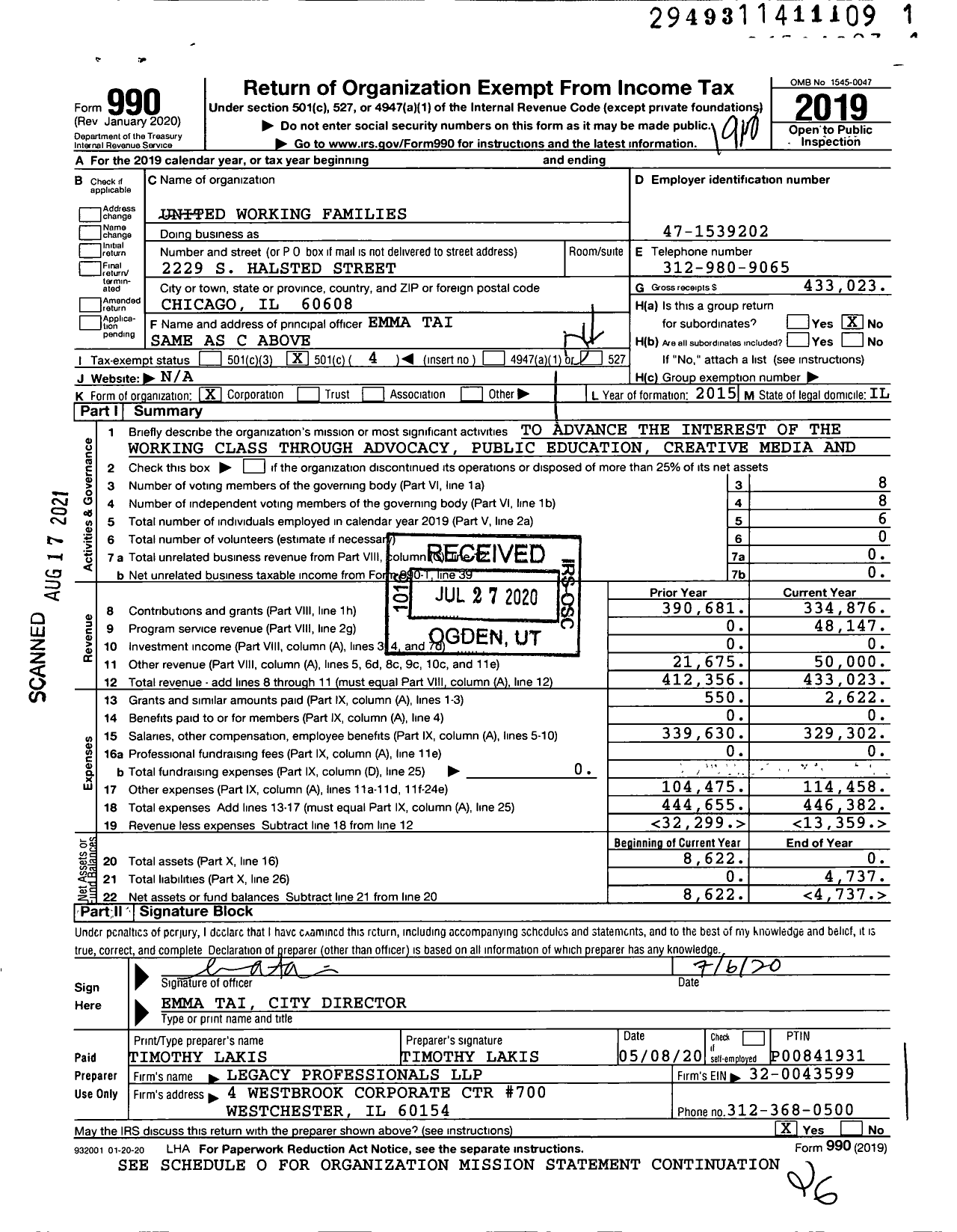 Image of first page of 2019 Form 990O for United Working Families