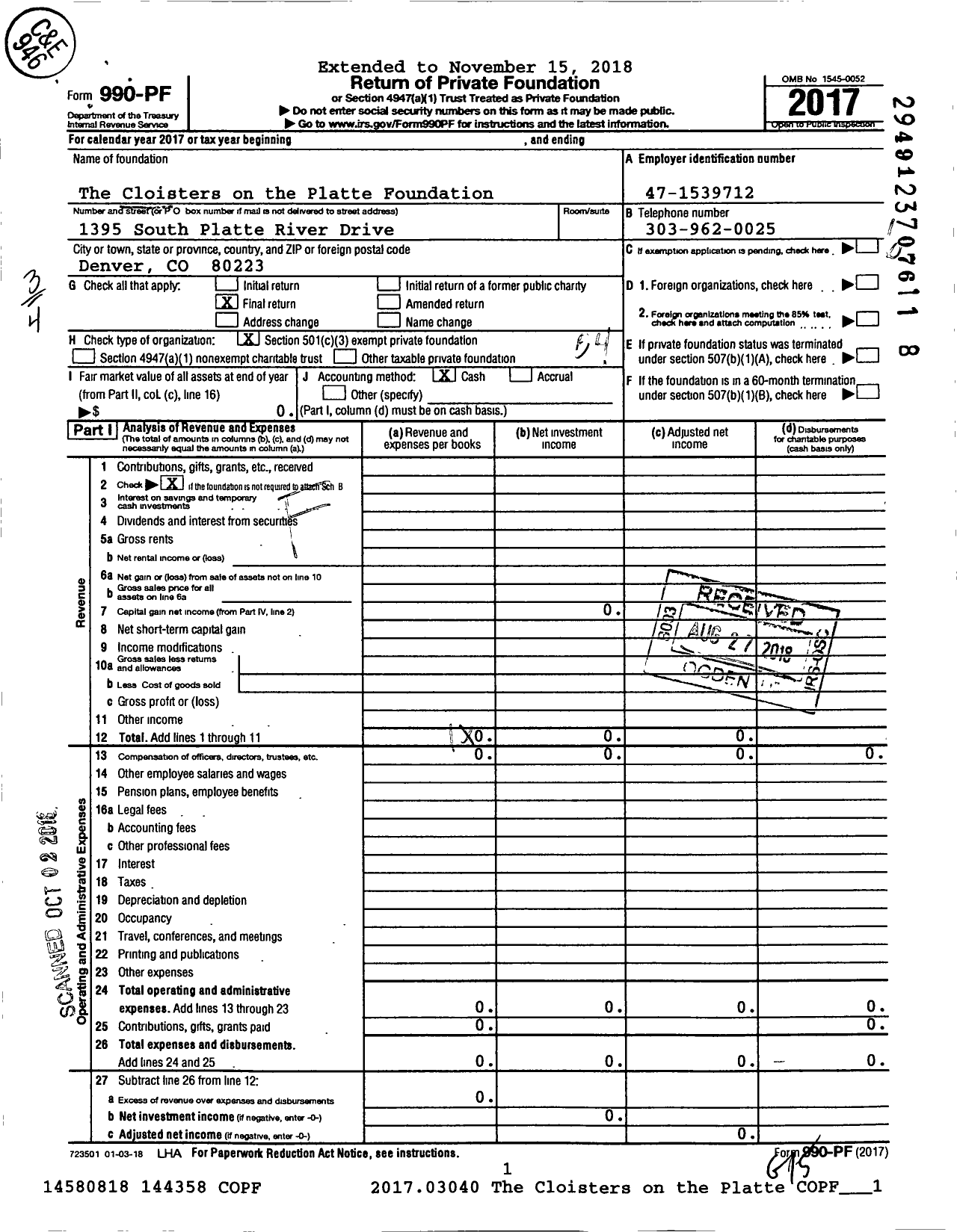 Image of first page of 2017 Form 990PF for Cloisters on the Platte Foundation
