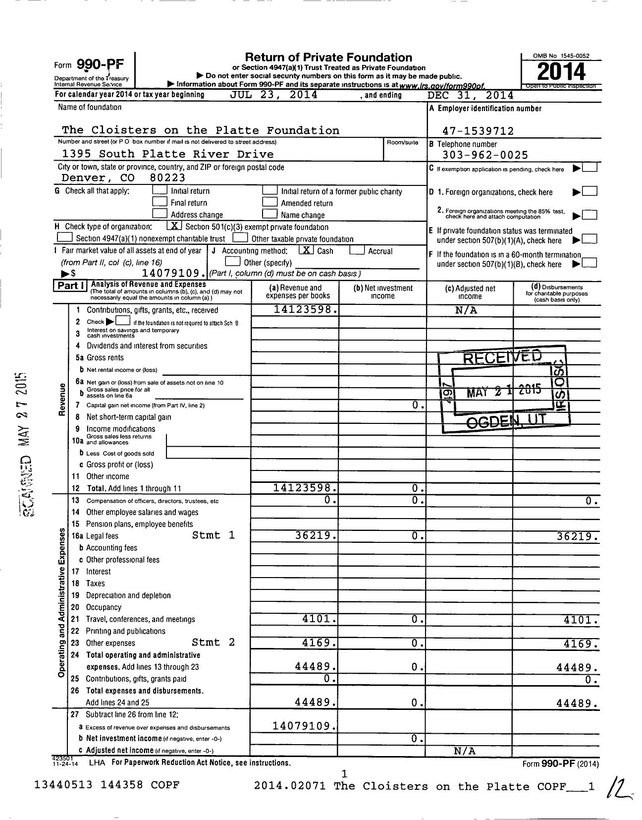 Image of first page of 2014 Form 990PF for Cloisters on the Platte Foundation