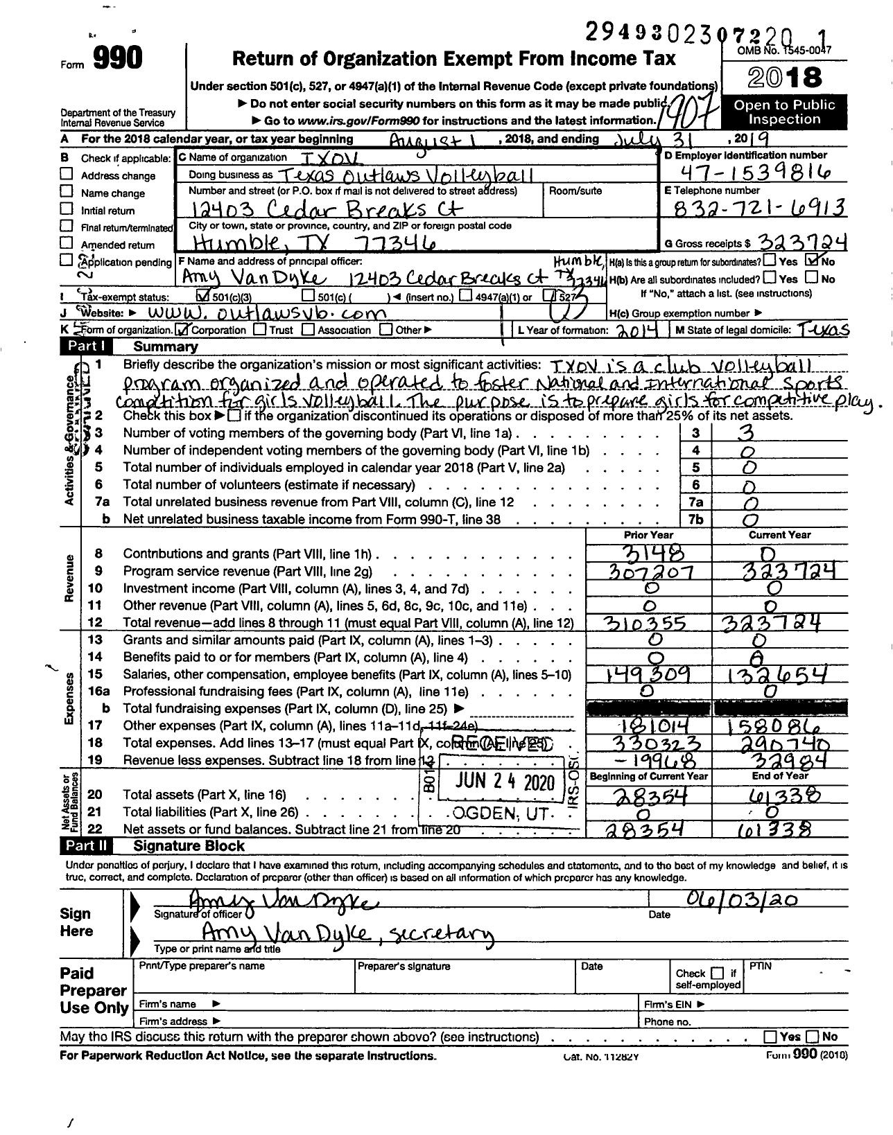 Image of first page of 2018 Form 990 for Texas Outlaws Volleyball (TXOV)