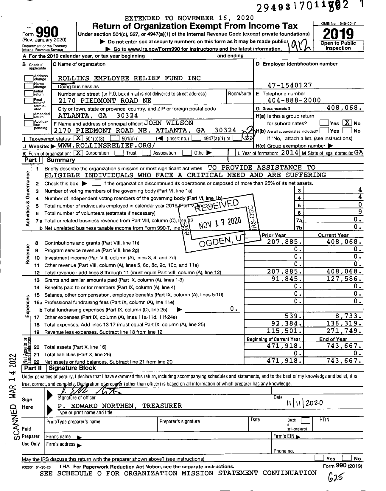 Image of first page of 2019 Form 990 for Rollins Employee Relief Fund