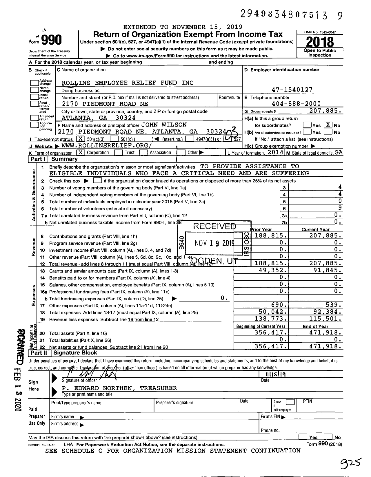 Image of first page of 2018 Form 990 for Rollins Employee Relief Fund