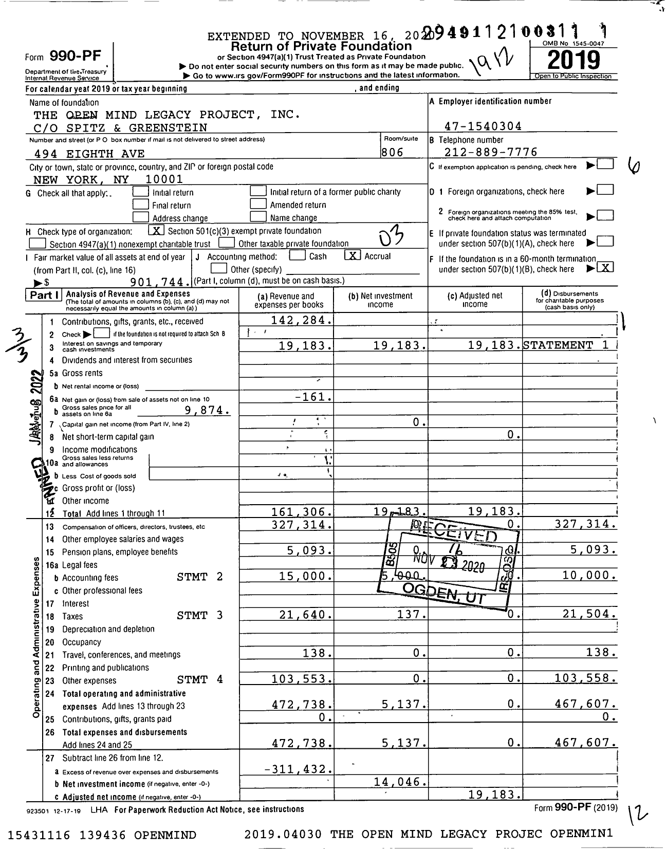 Image of first page of 2019 Form 990PF for The Open Mind Legacy Project