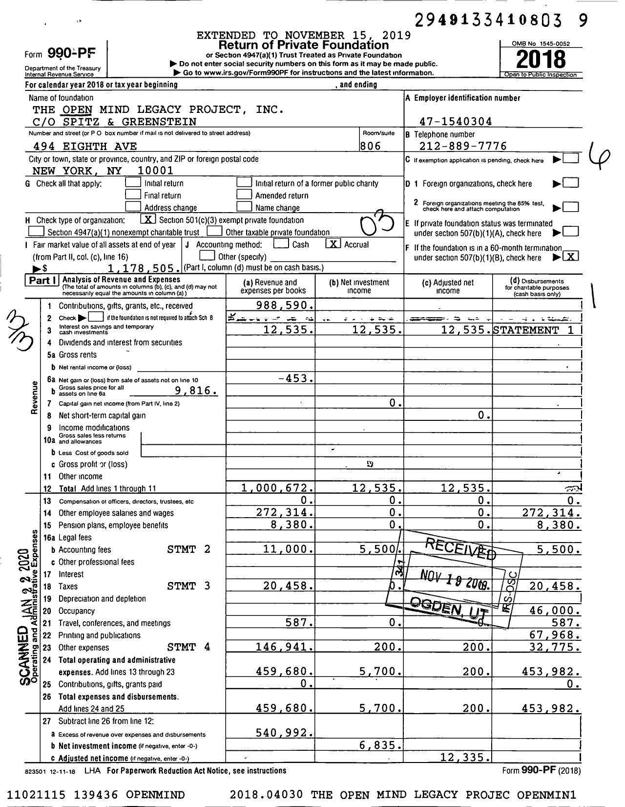 Image of first page of 2018 Form 990PF for The Open Mind Legacy Project