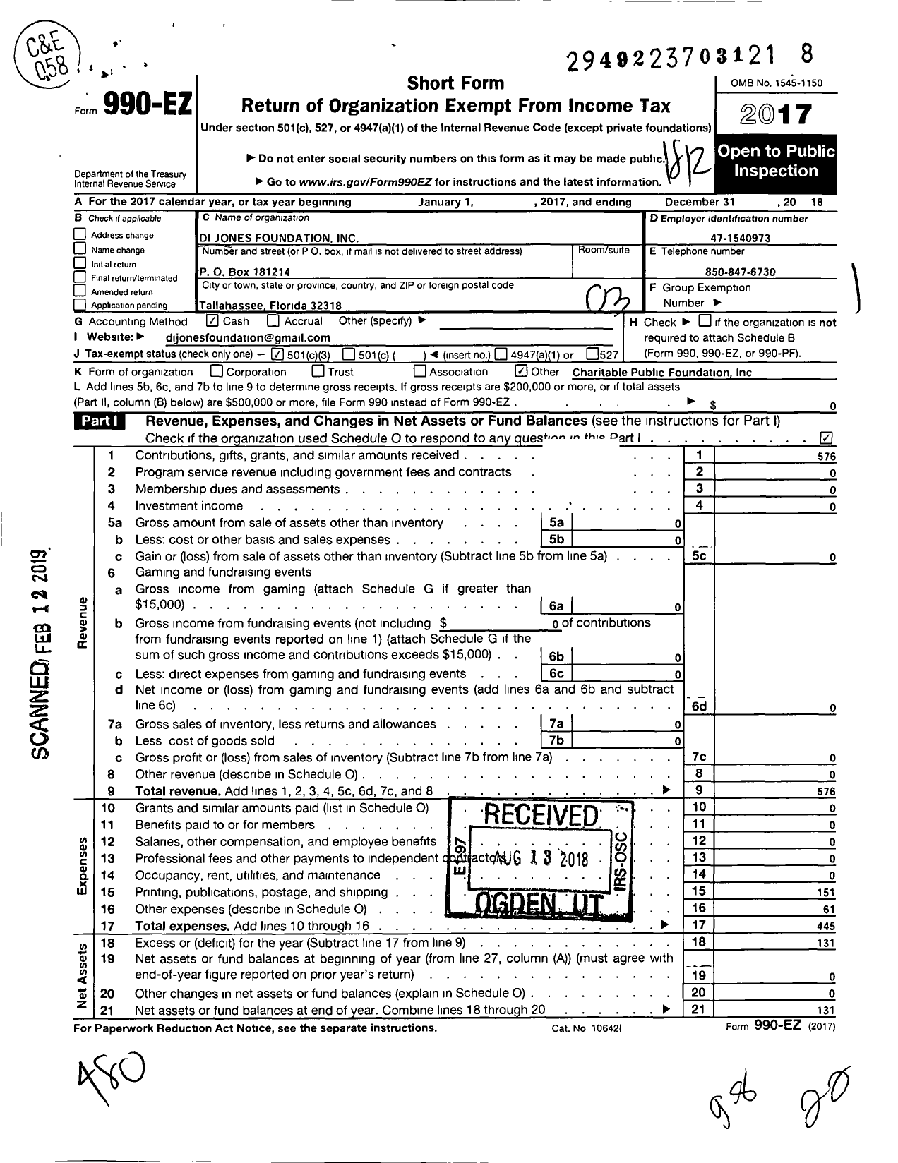 Image of first page of 2018 Form 990EZ for Di Jones Foundation