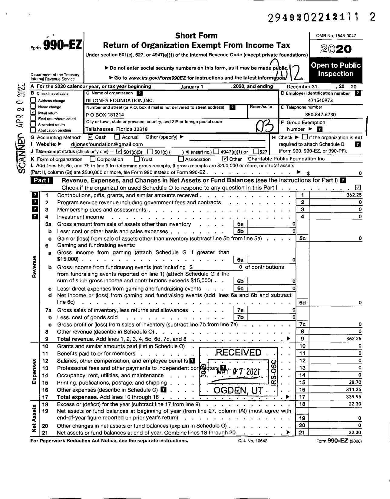 Image of first page of 2020 Form 990EZ for Di Jones Foundation