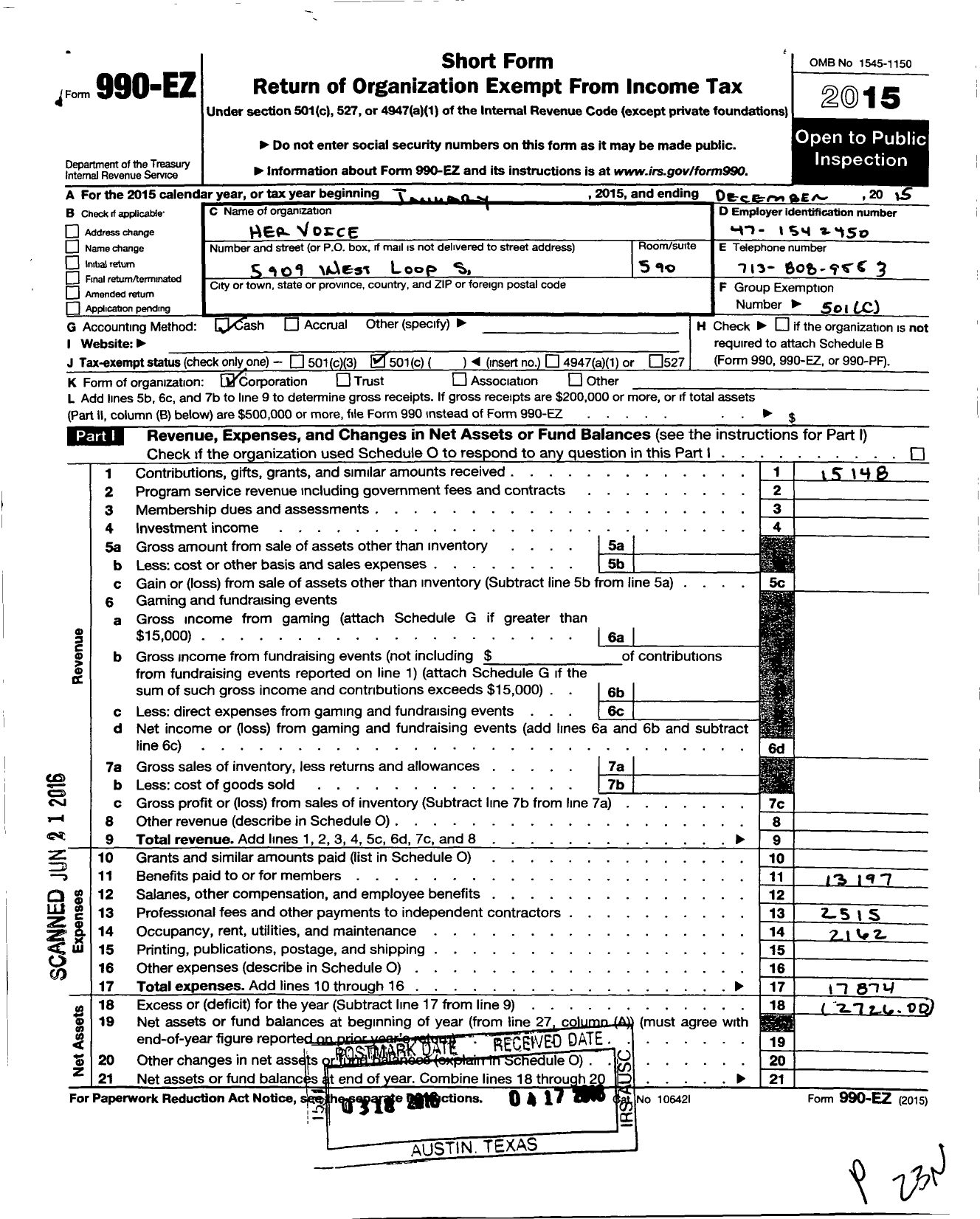 Image of first page of 2015 Form 990EO for Her Voice