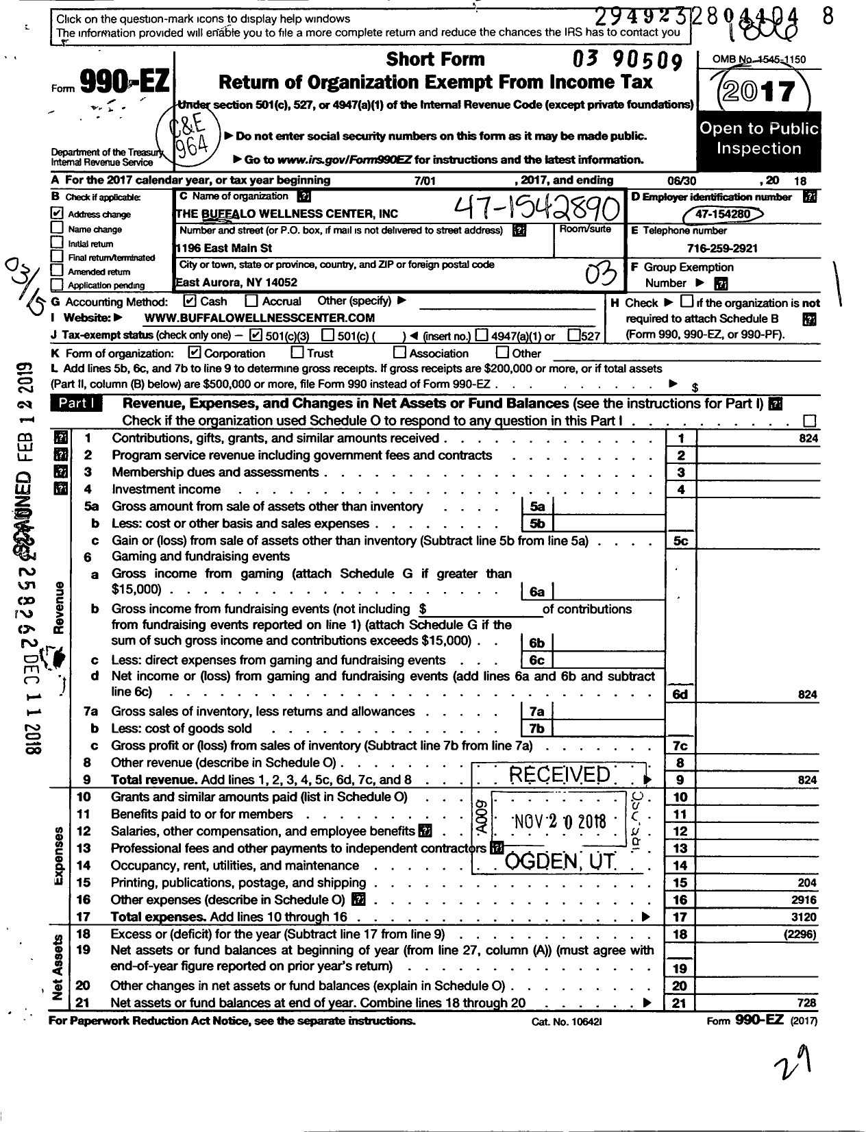 Image of first page of 2017 Form 990EZ for The Buffalo Wellness Center