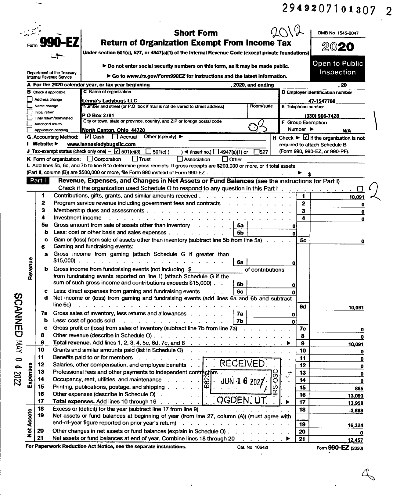 Image of first page of 2020 Form 990EZ for Lennas Ladybugs LLC