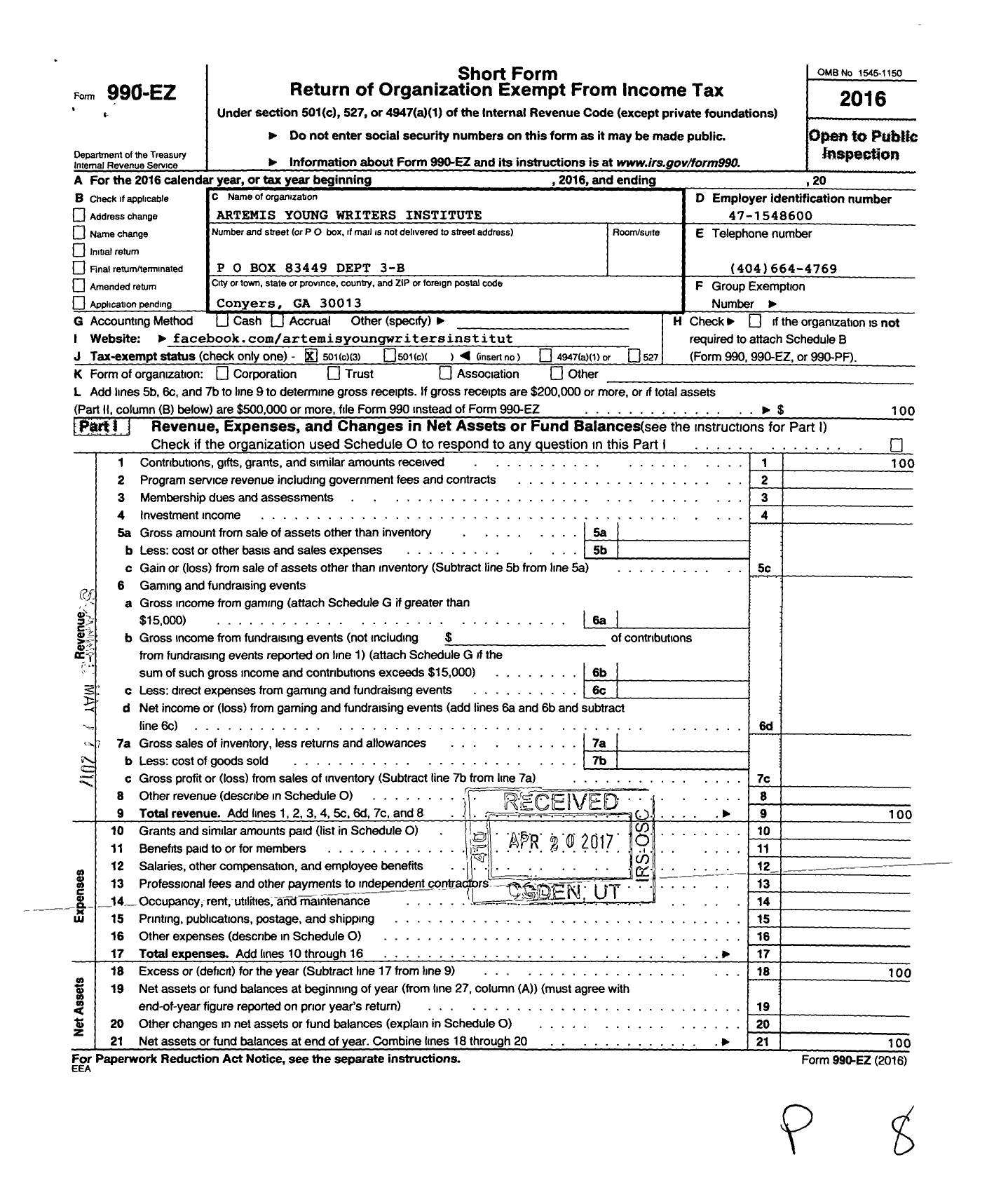 Image of first page of 2016 Form 990EZ for Artemis Young Writers Institute