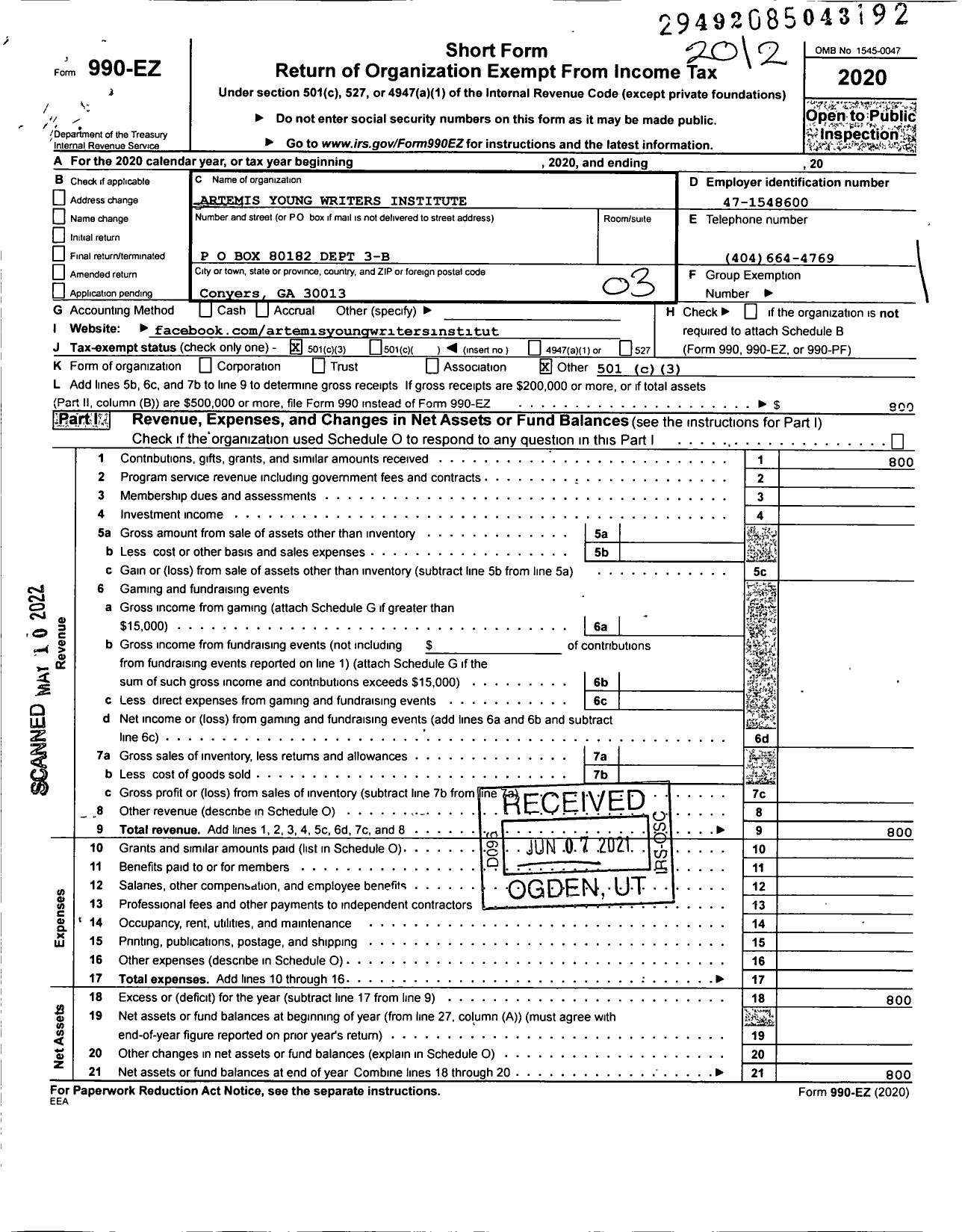 Image of first page of 2020 Form 990EZ for Artemis Young Writers Institute