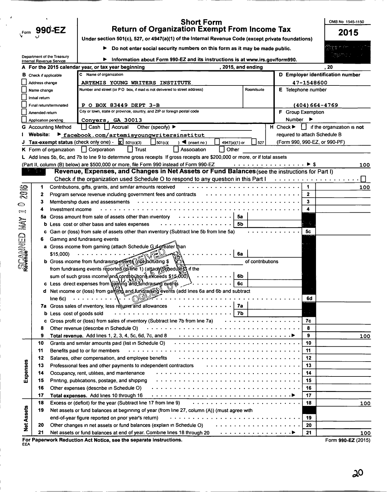 Image of first page of 2015 Form 990EZ for Artemis Young Writers Institute