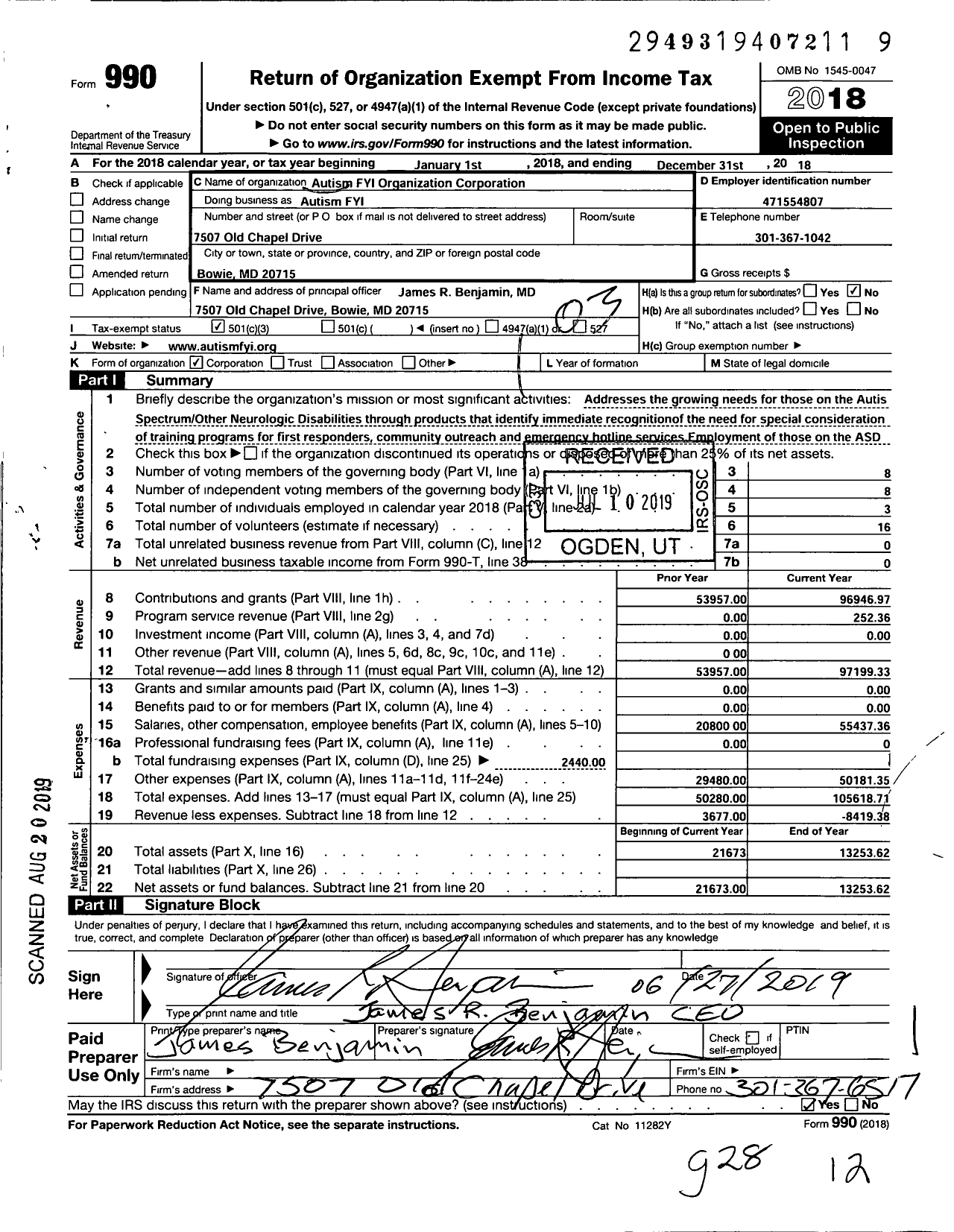 Image of first page of 2018 Form 990 for Autism Fyi Organization Corporation