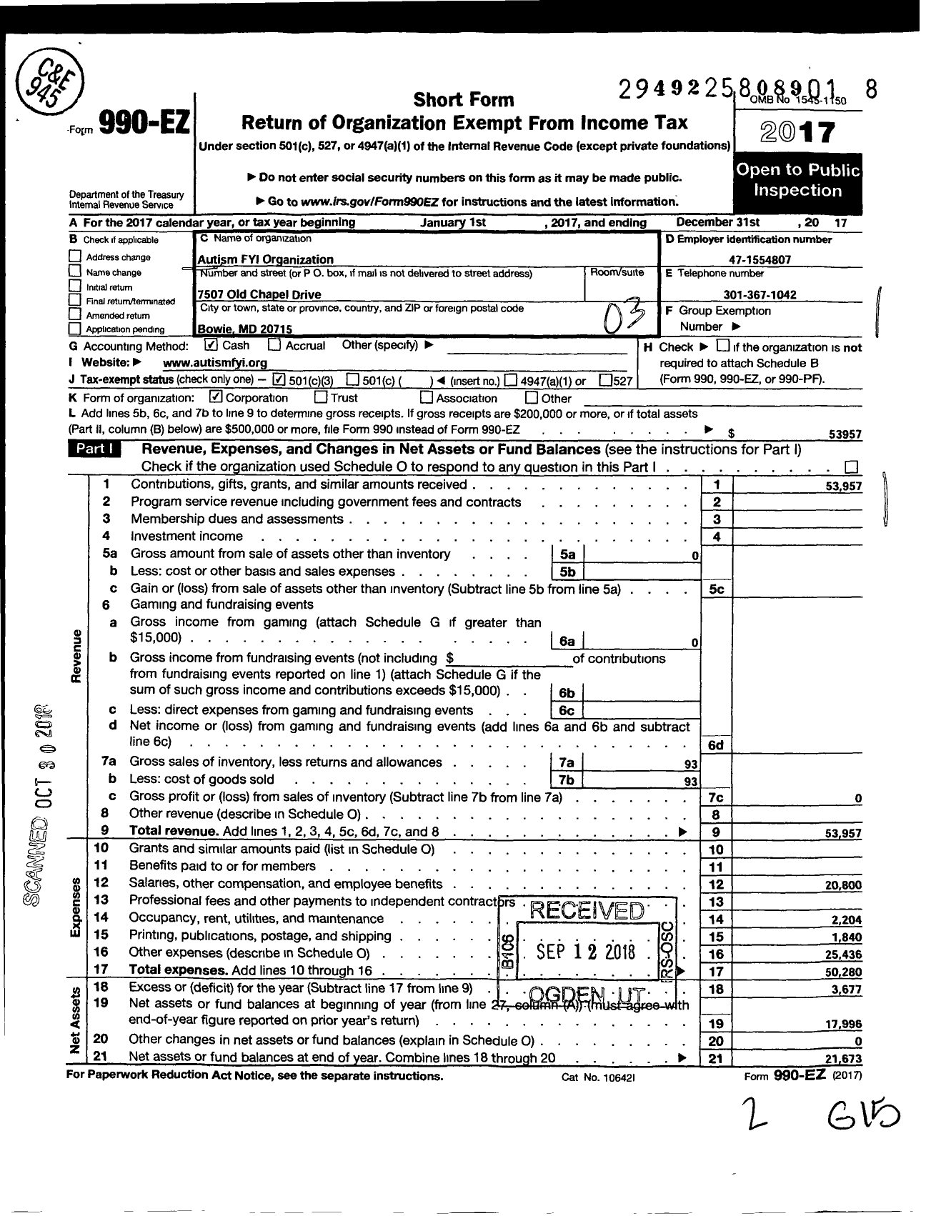 Image of first page of 2017 Form 990EZ for Autism Fyi Organization Corporation