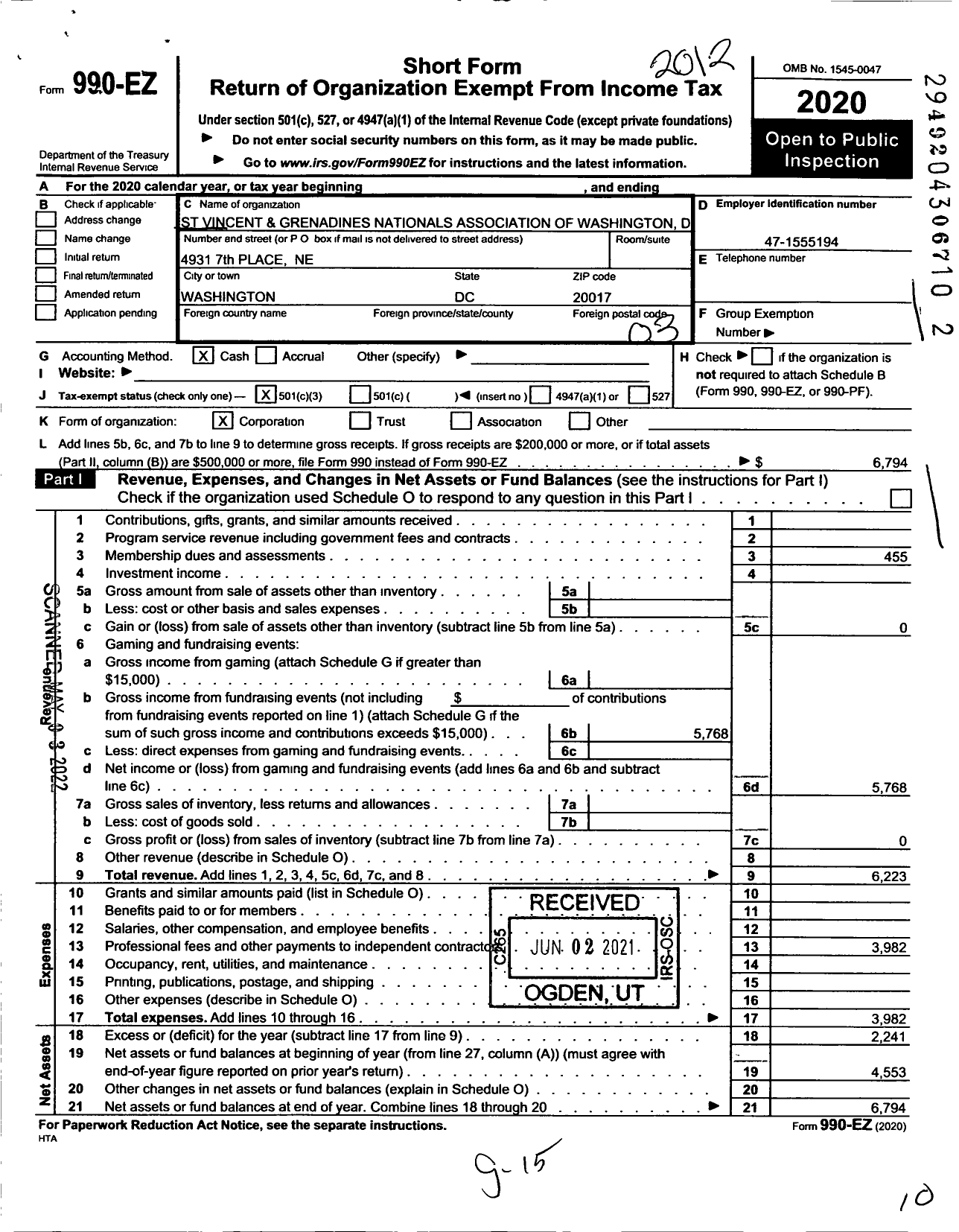 Image of first page of 2020 Form 990EZ for St Vincent and Grenadines Nationals Acco of Washington DC