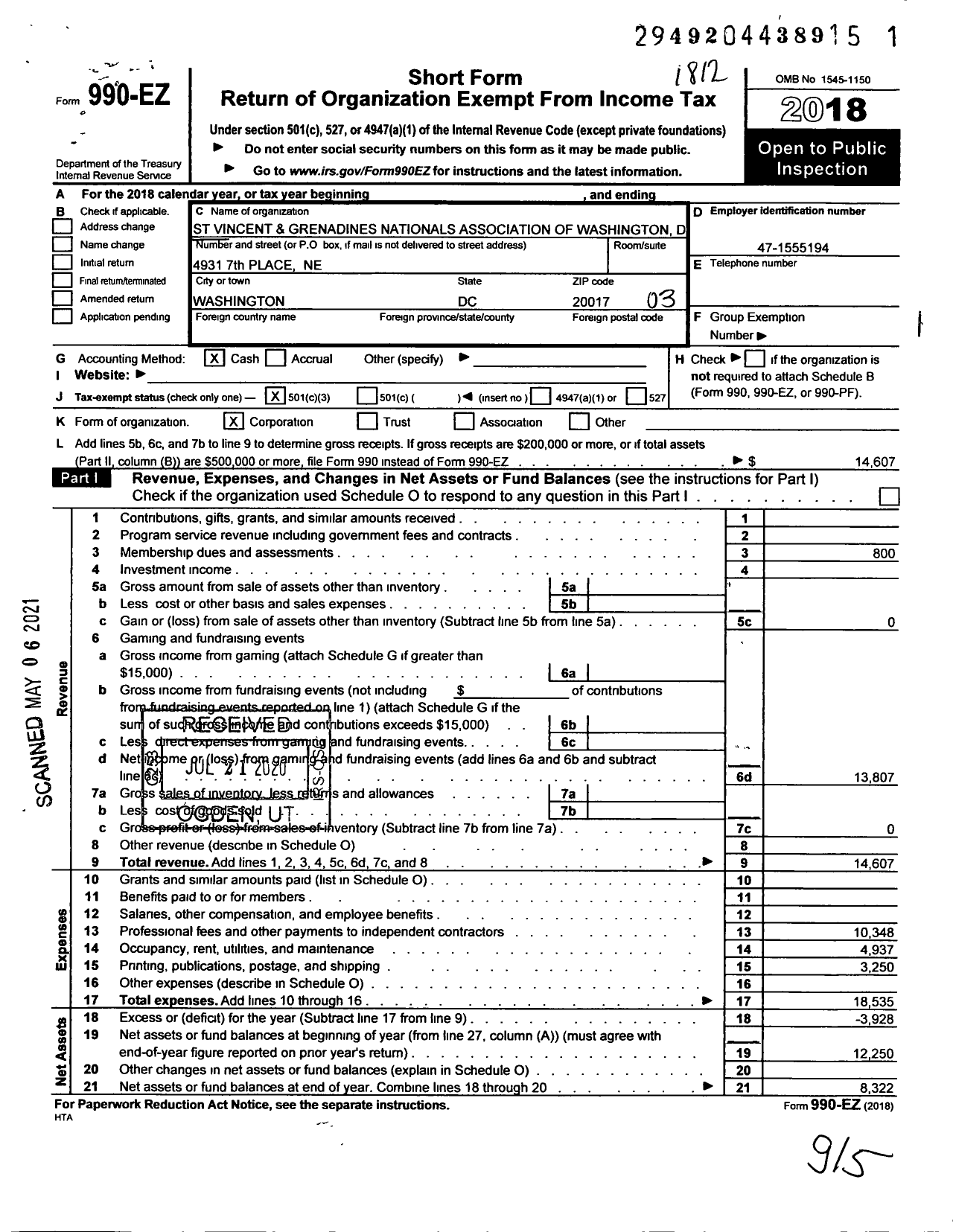 Image of first page of 2018 Form 990EZ for St Vincent and Grenadines Nationals Acco of Washington DC