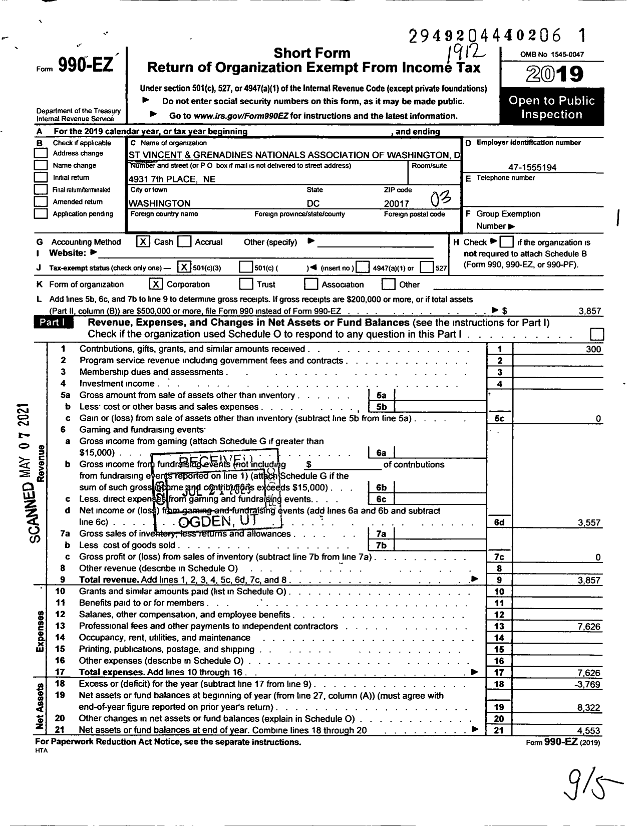 Image of first page of 2019 Form 990EZ for St Vincent and Grenadines Nationals Acco of Washington DC