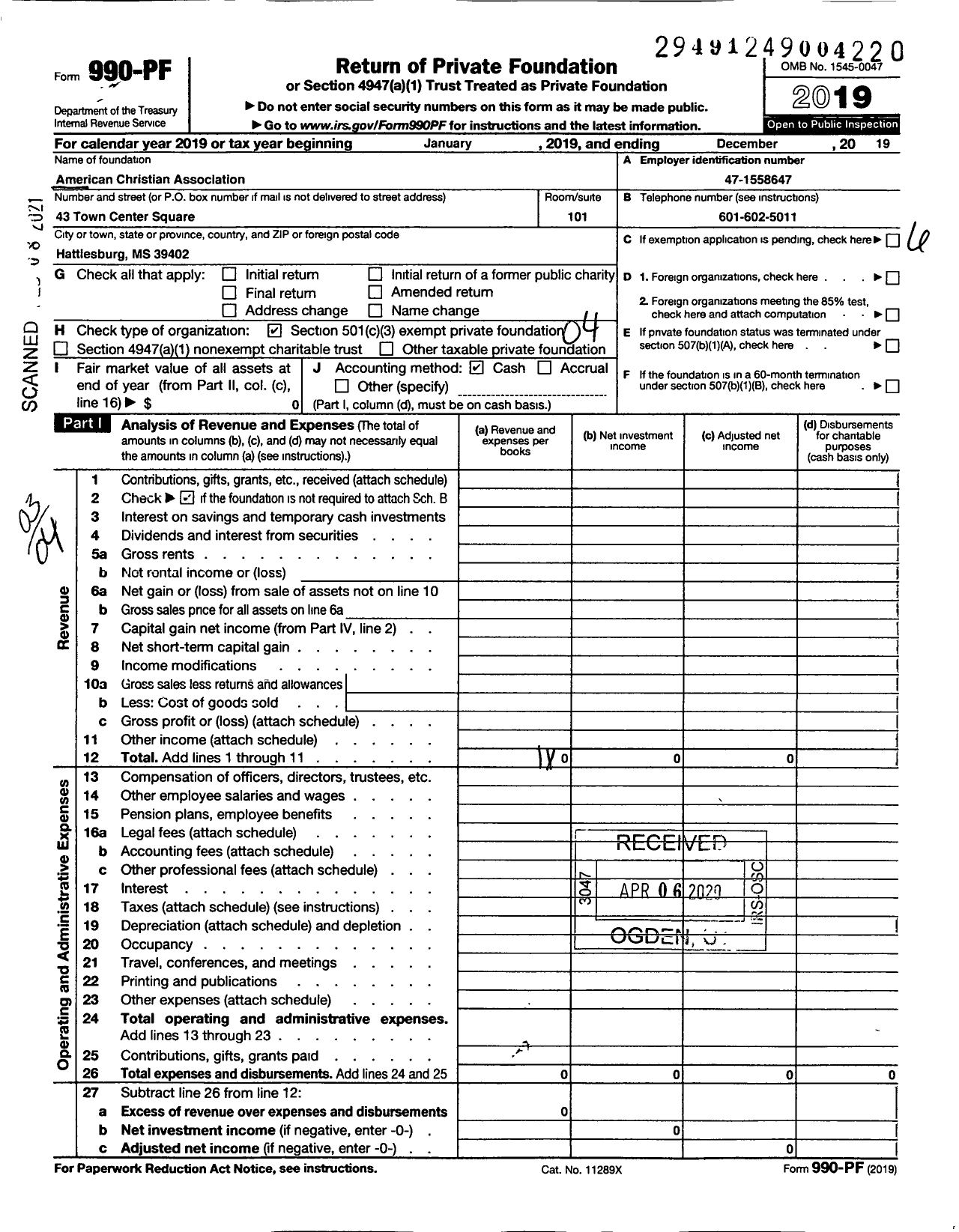 Image of first page of 2019 Form 990PF for American Christian Association