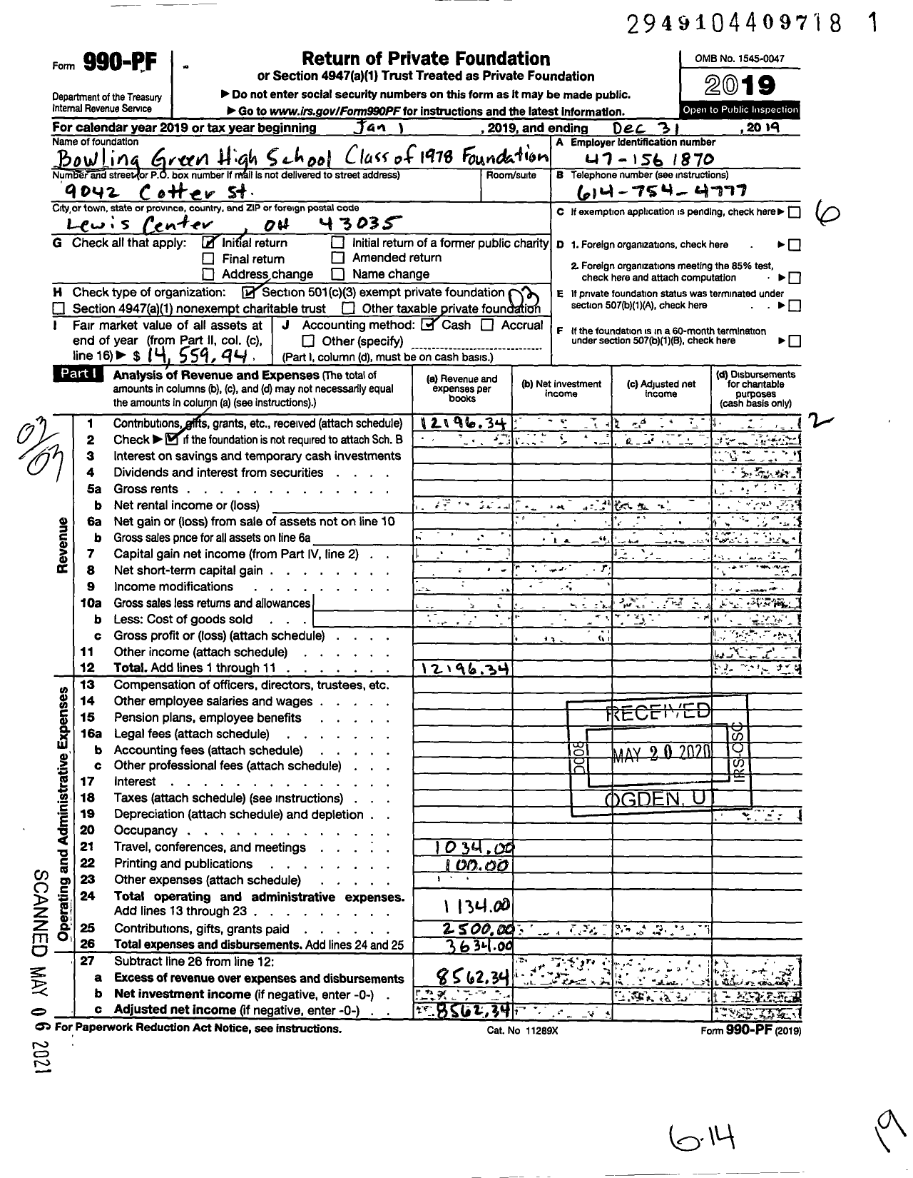 Image of first page of 2019 Form 990PF for Bowling Green High School Class of 1978 Foundation