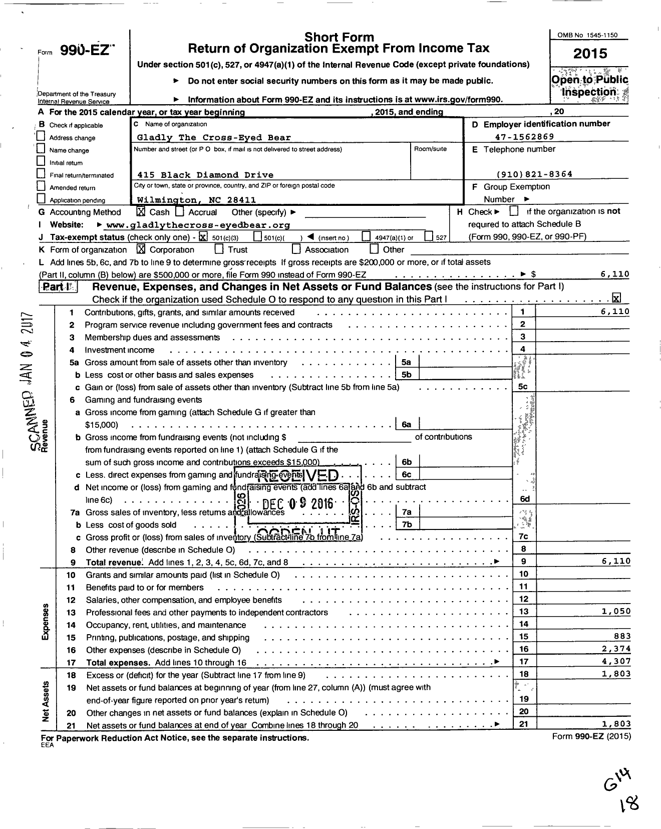 Image of first page of 2015 Form 990EZ for Gladly the Cross-Eyed Bear