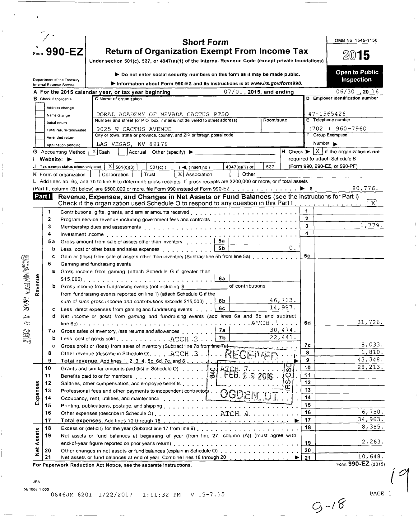 Image of first page of 2015 Form 990EZ for Doral Academy of Nevada Cactus Ptso