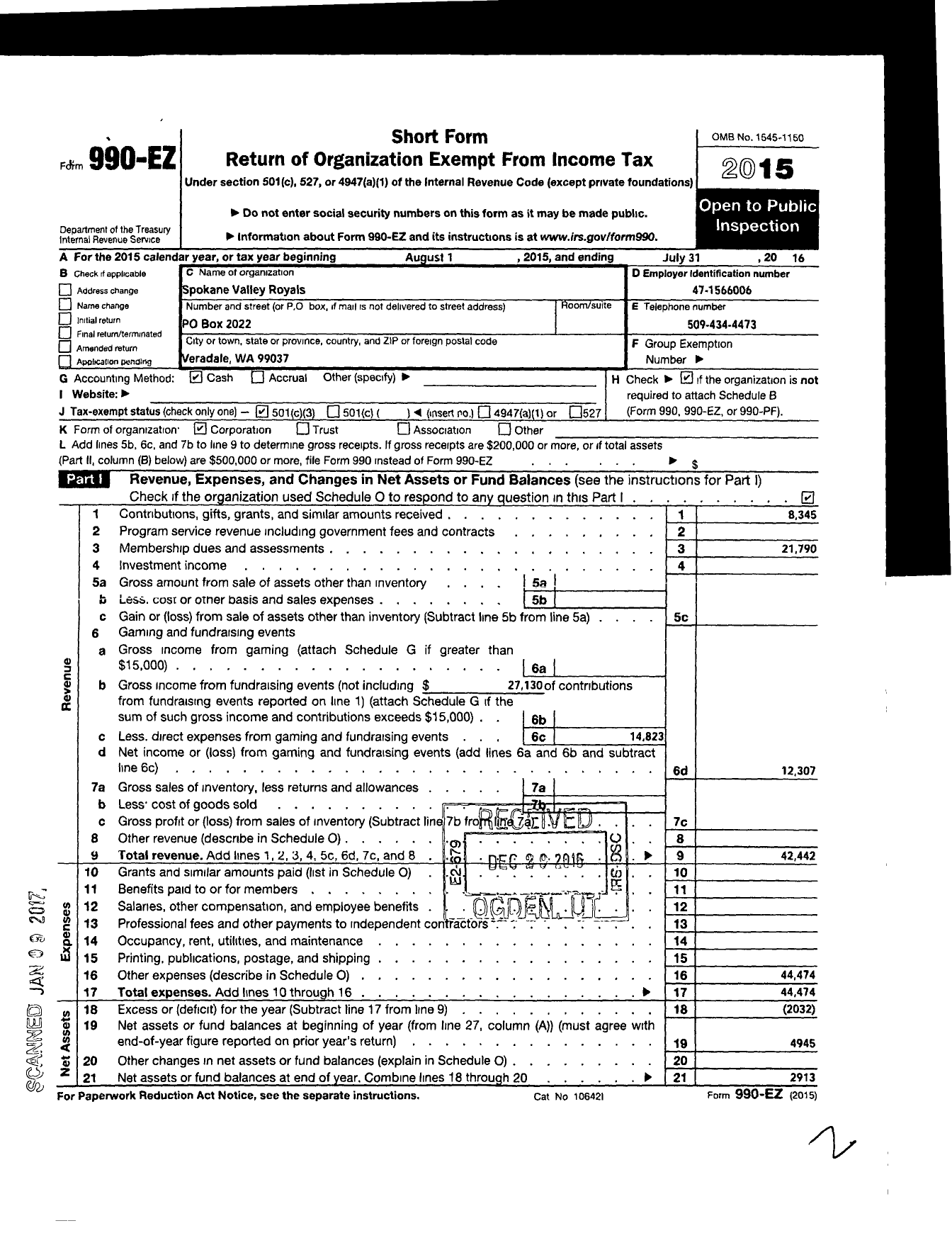 Image of first page of 2015 Form 990EZ for Spokane Valley Royals