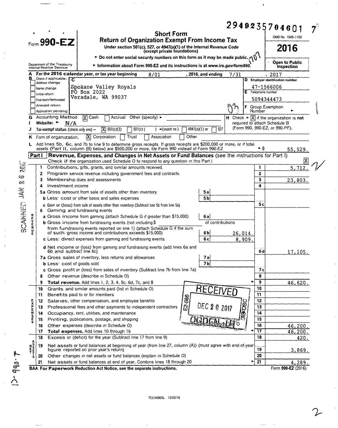 Image of first page of 2016 Form 990EZ for Spokane Valley Royals