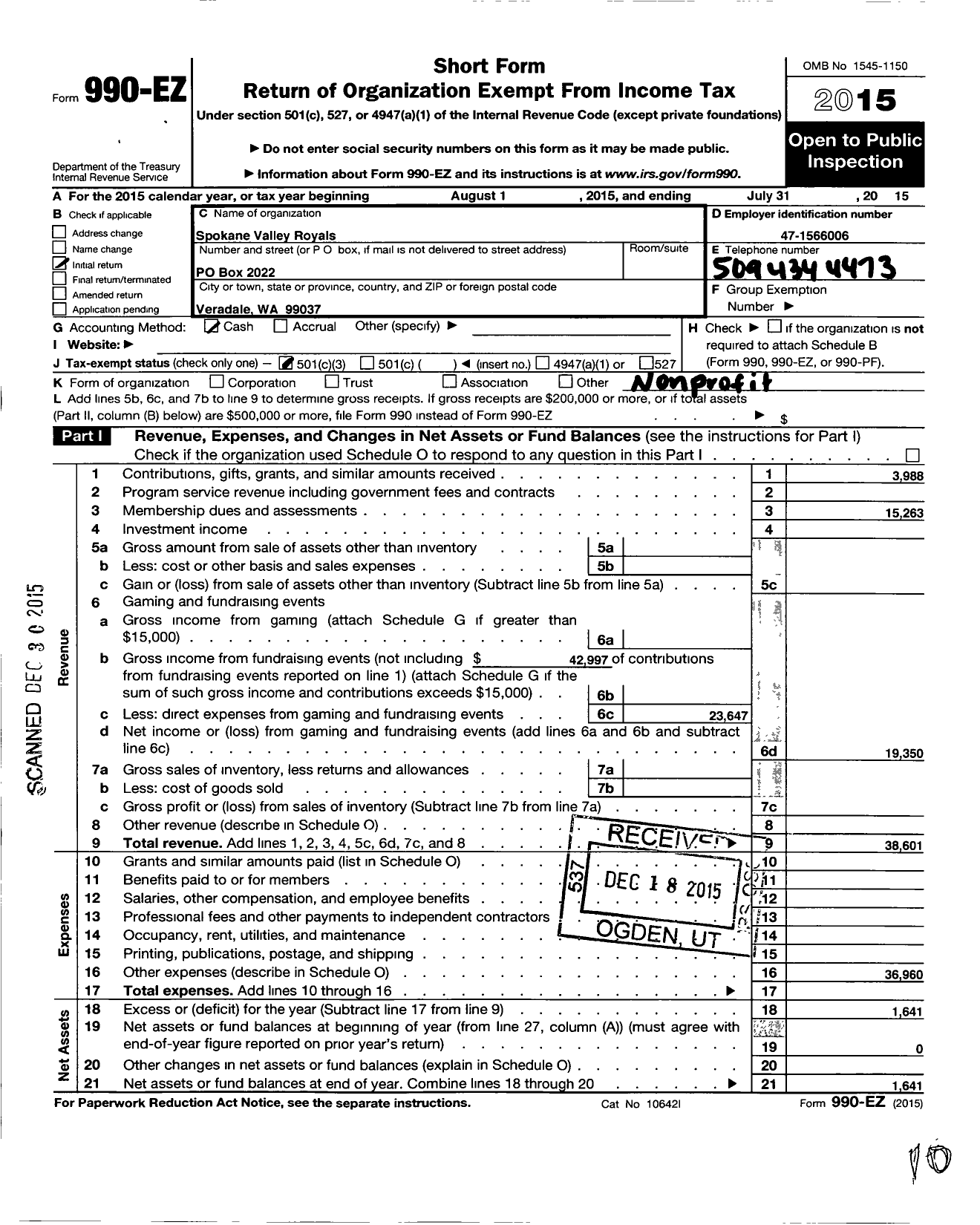 Image of first page of 2014 Form 990EZ for Spokane Valley Royals