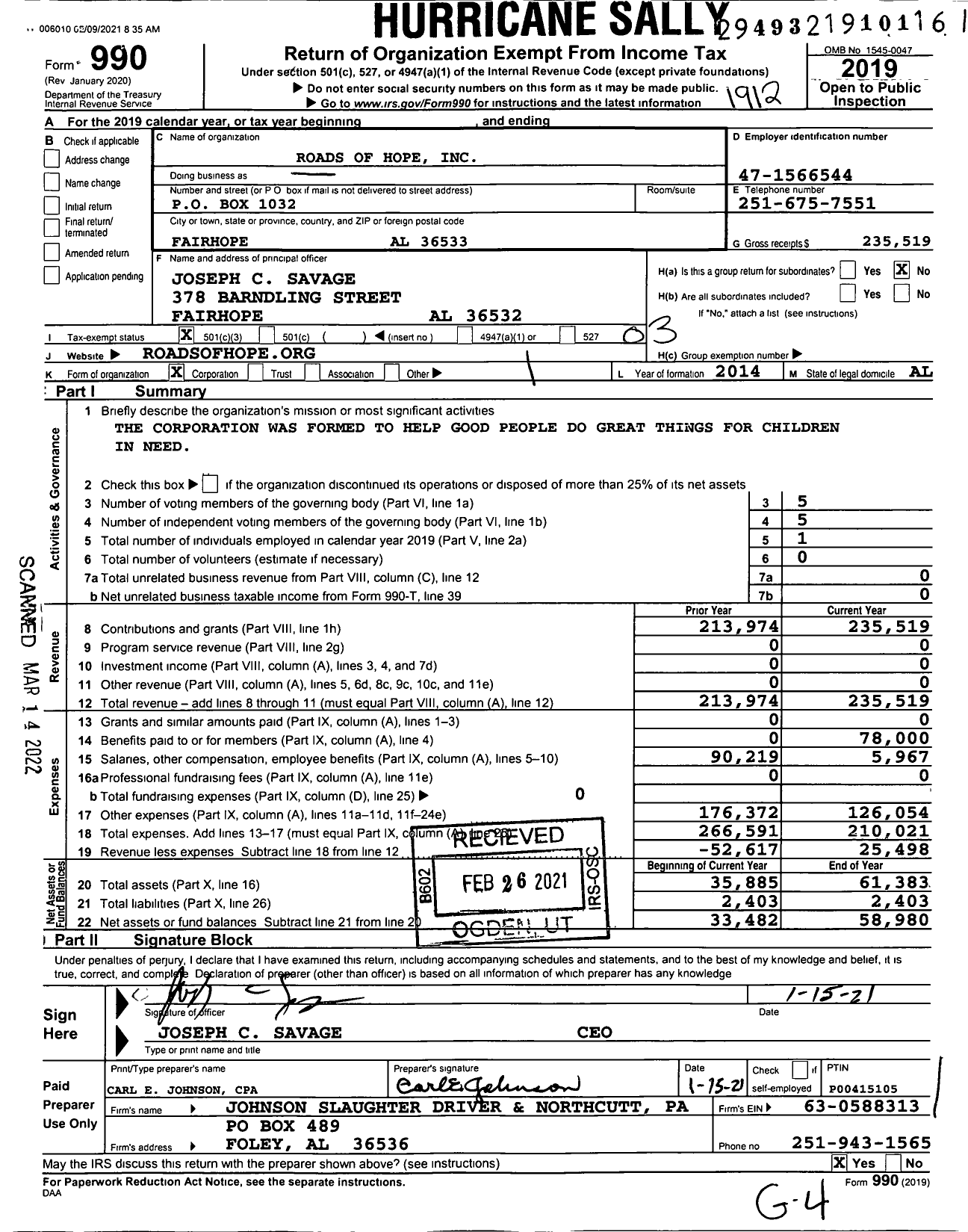 Image of first page of 2019 Form 990 for Roads of Hope