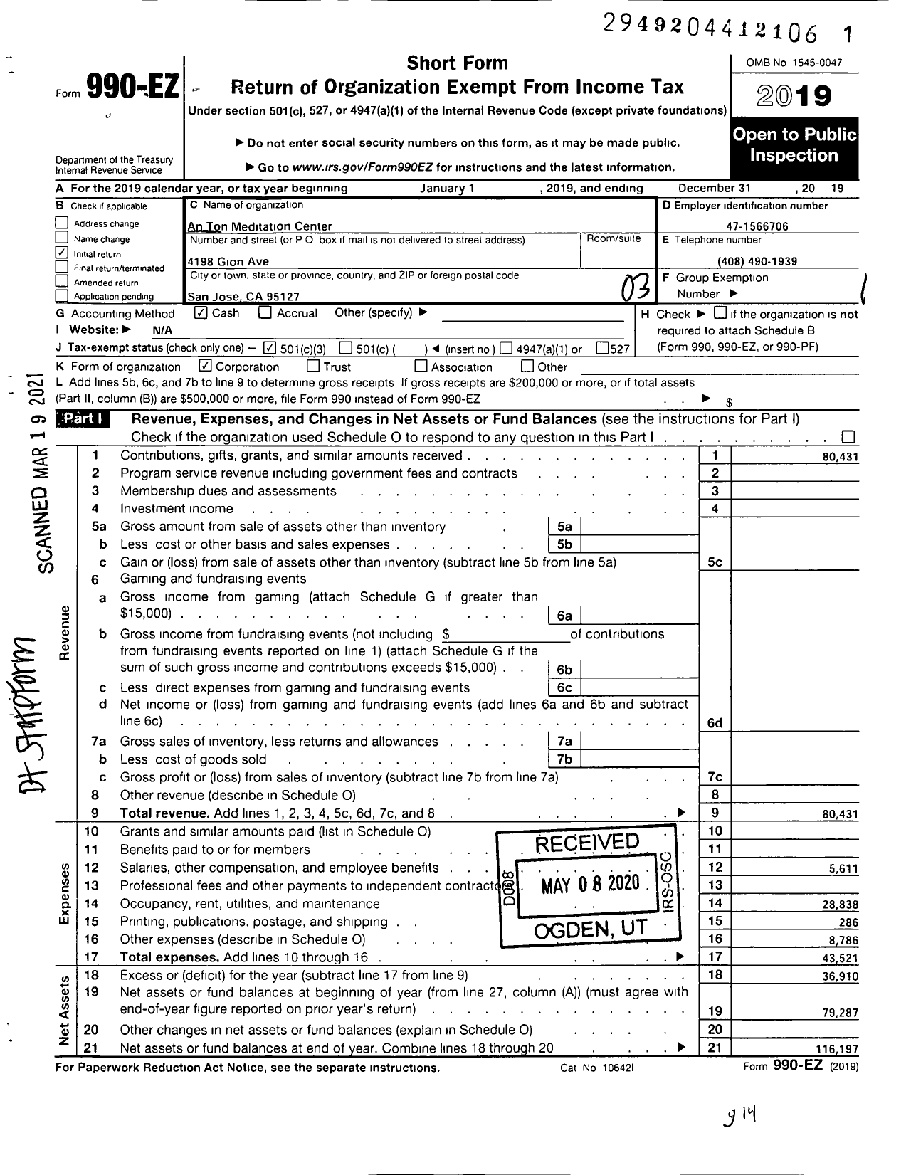 Image of first page of 2019 Form 990EZ for An Ton Meditation Center