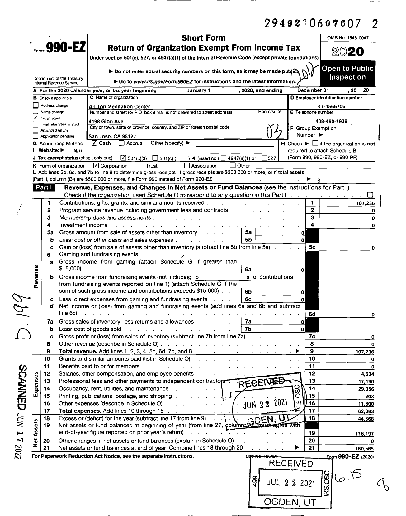 Image of first page of 2020 Form 990EZ for An Ton Meditation Center