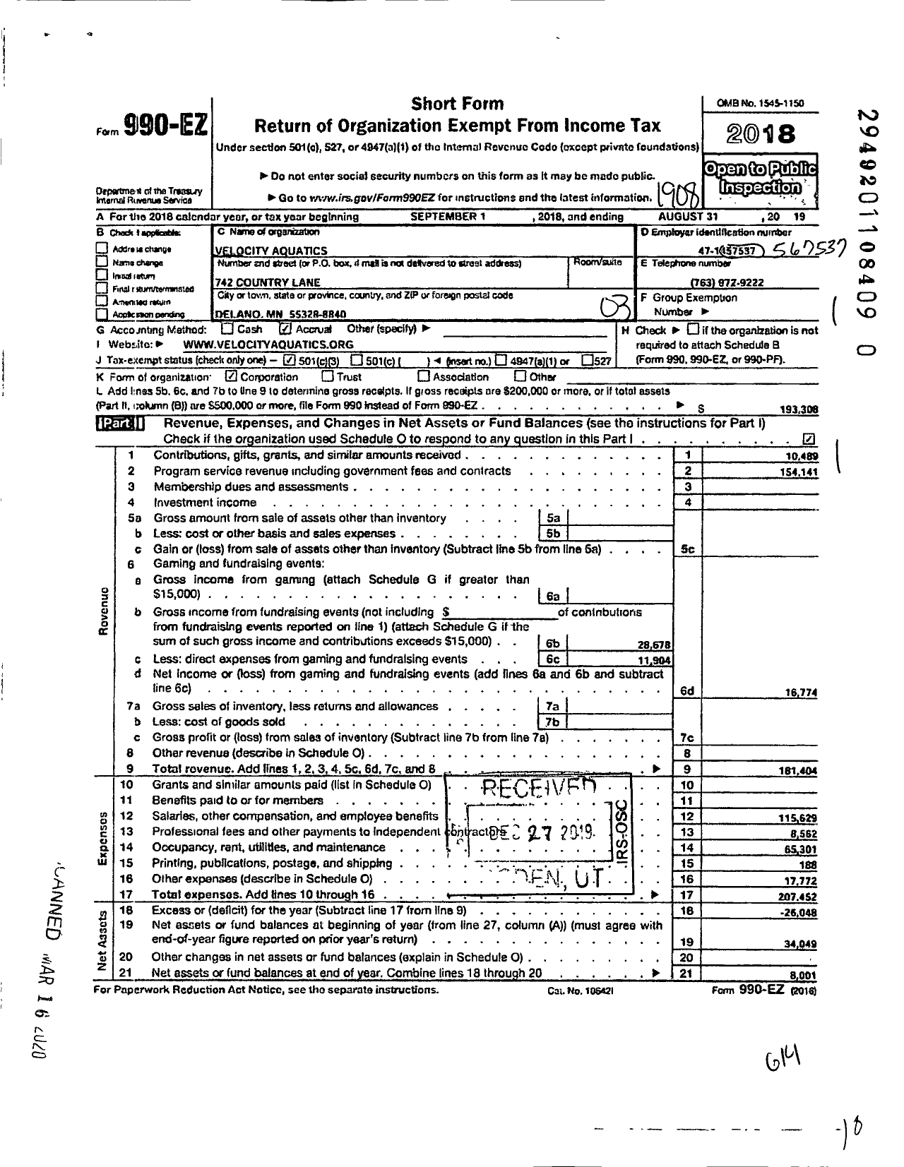 Image of first page of 2018 Form 990EZ for Velocity Aquatics