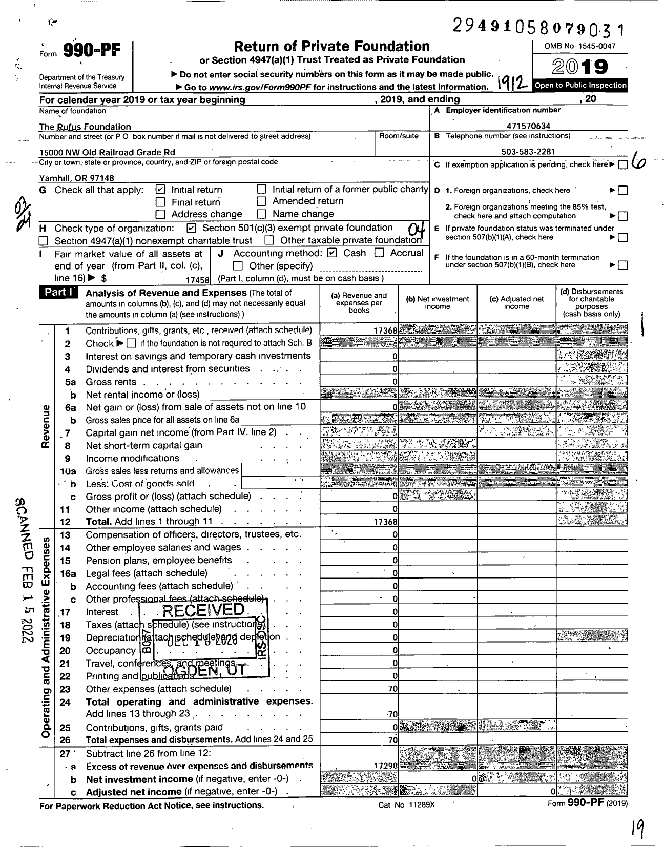 Image of first page of 2019 Form 990PF for The Rufus Foundation