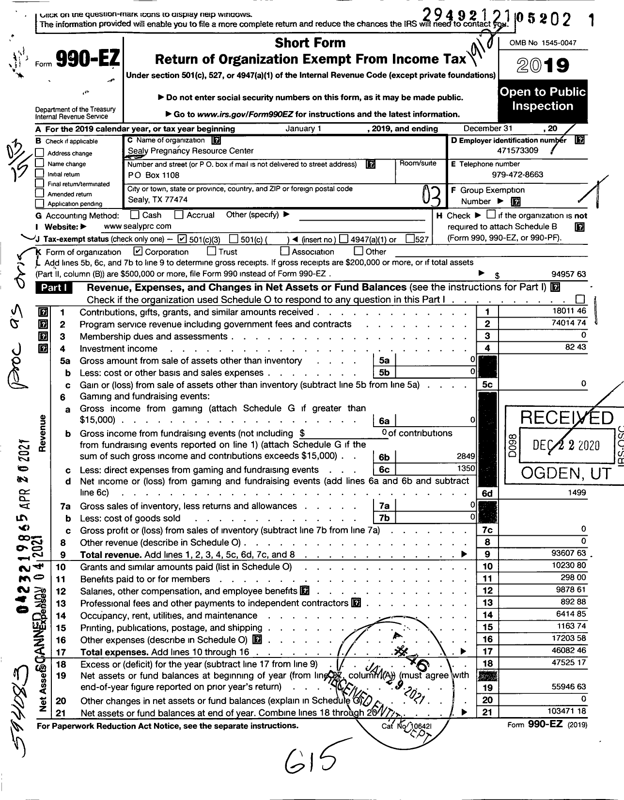 Image of first page of 2019 Form 990EZ for Sealy Pregnancy Resource Center