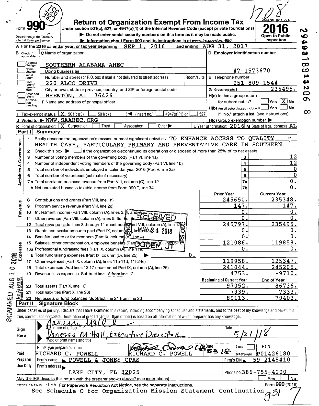 Image of first page of 2016 Form 990 for Southern Alabama Ahec