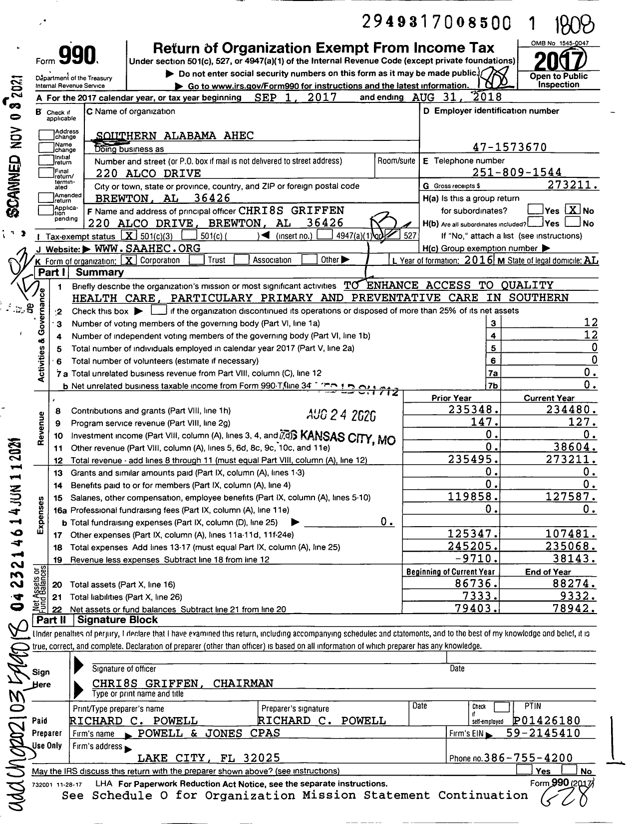 Image of first page of 2017 Form 990 for Southern Alabama Ahec