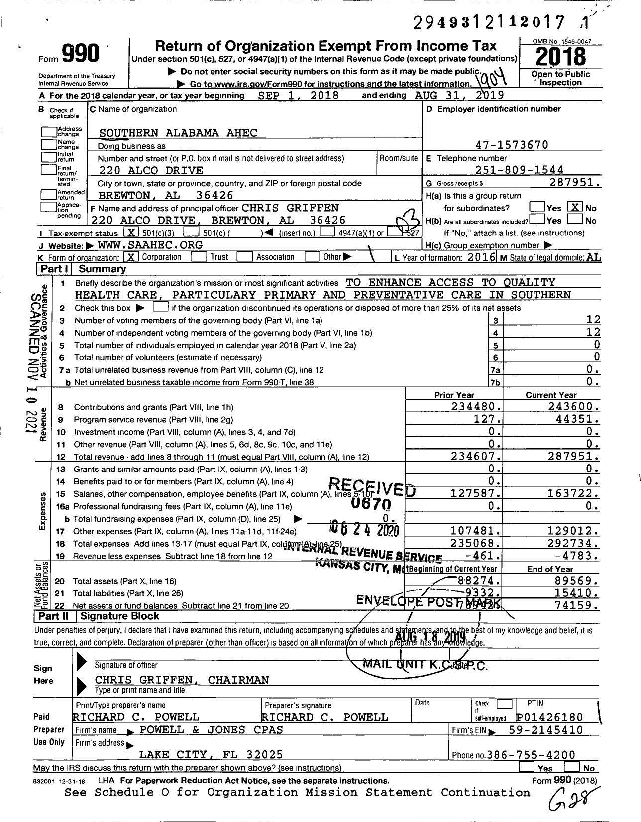 Image of first page of 2018 Form 990 for Southern Alabama Ahec