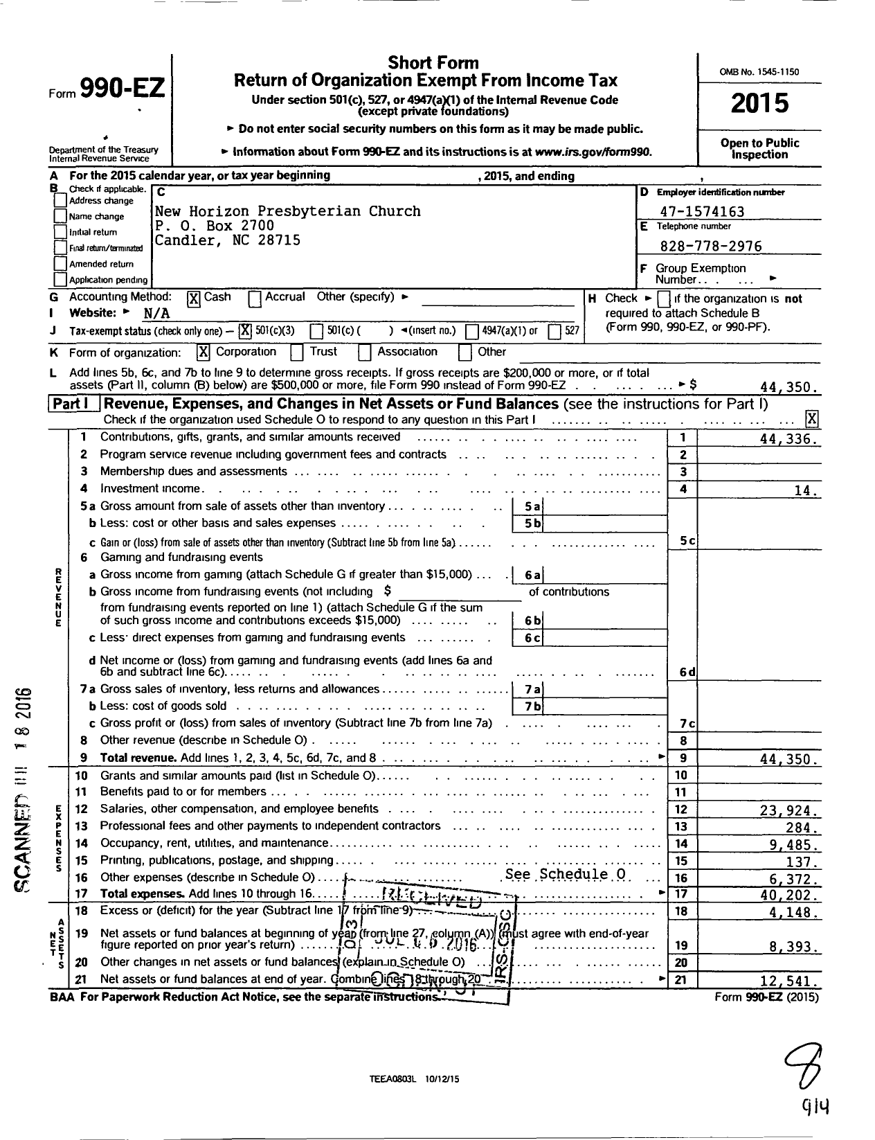 Image of first page of 2015 Form 990EZ for New Horizon Presbyterian Church