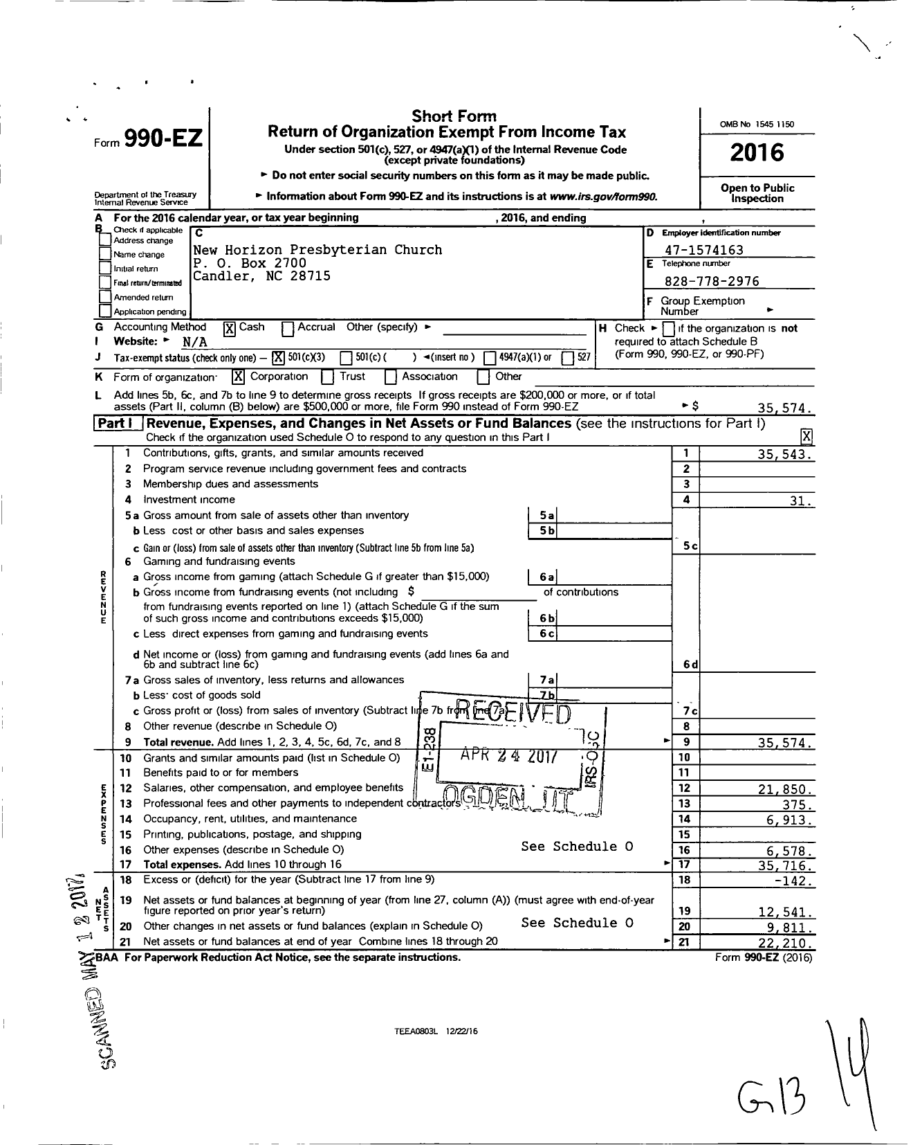 Image of first page of 2016 Form 990EZ for New Horizon Presbyterian Church