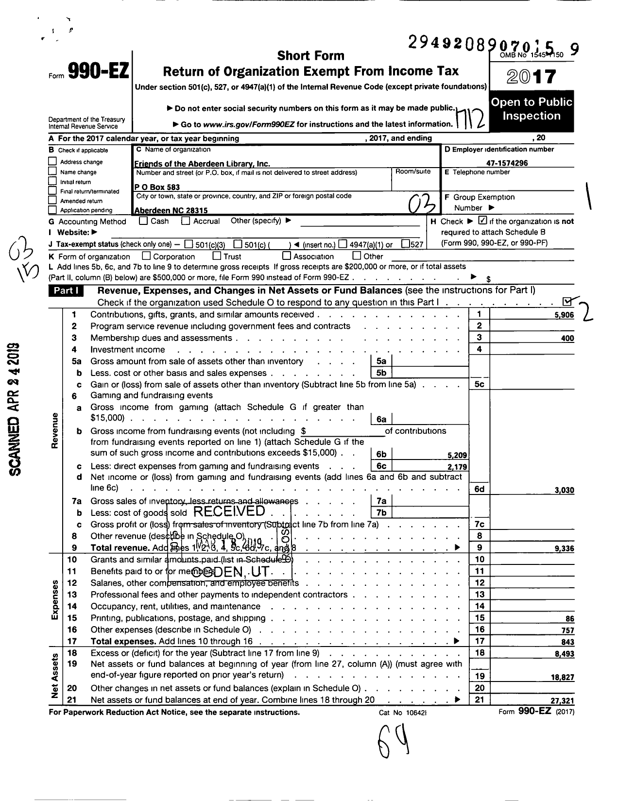 Image of first page of 2017 Form 990EZ for Friends of the Aberdeen Library