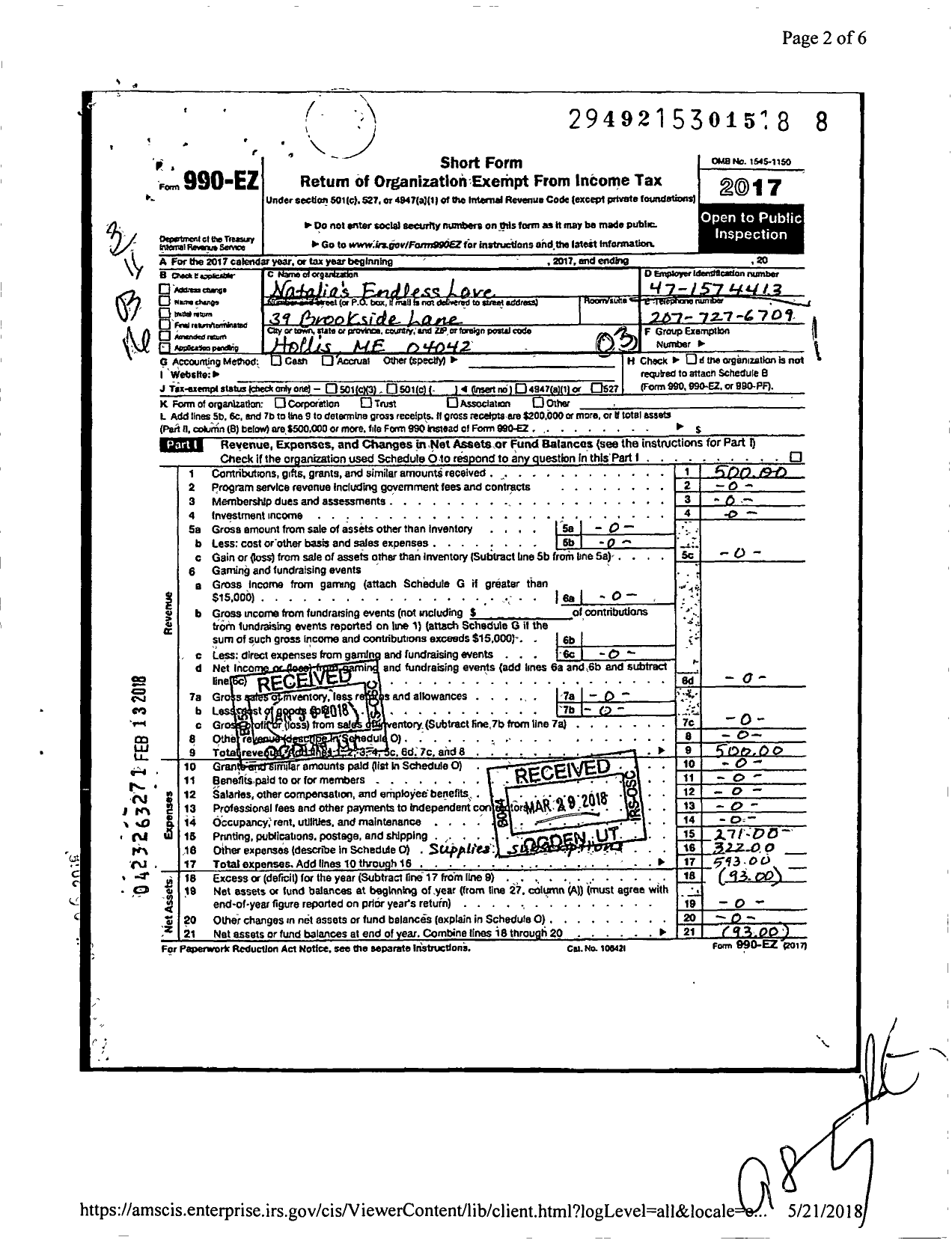 Image of first page of 2017 Form 990EZ for Natalia S Endless Love