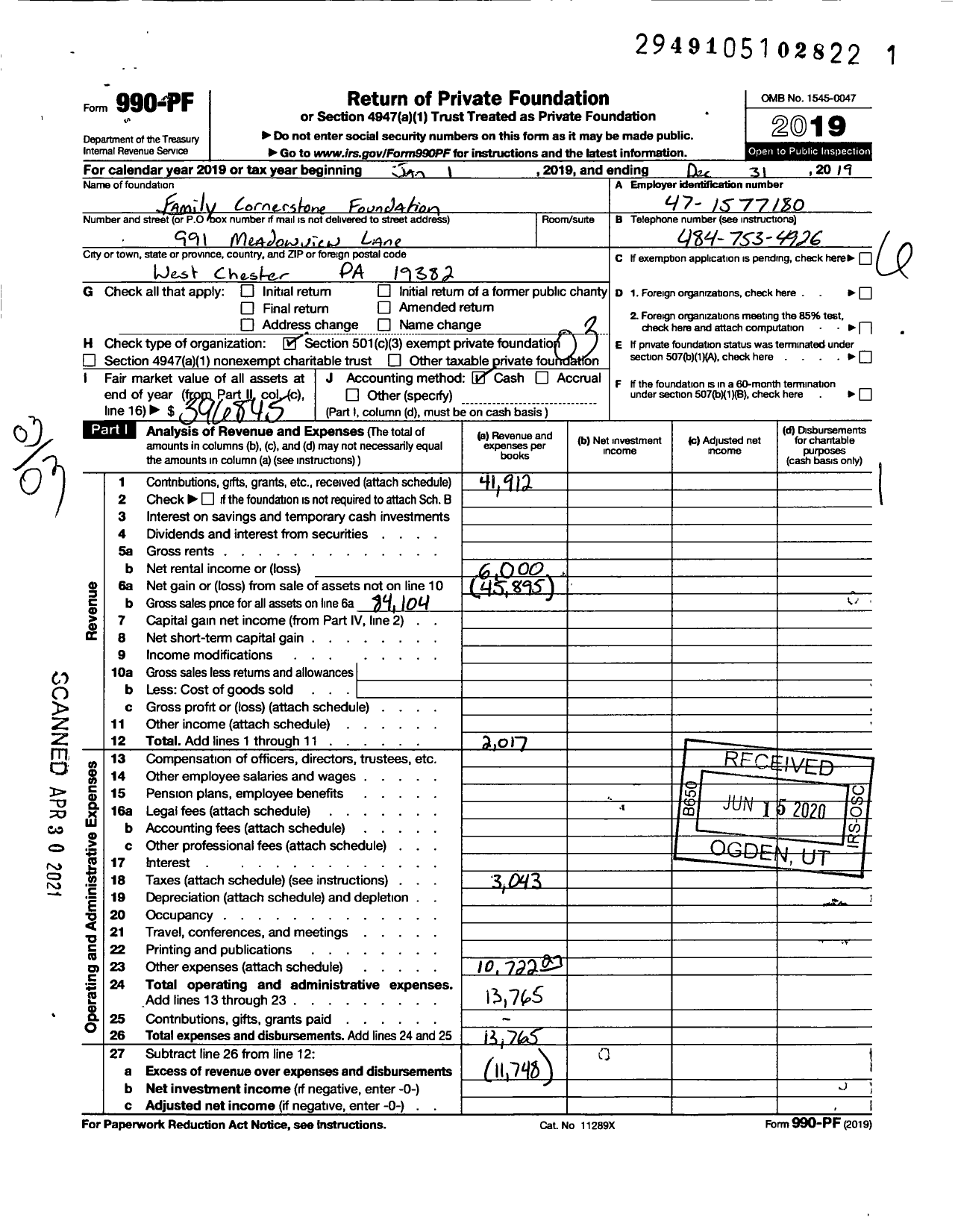 Image of first page of 2019 Form 990PF for Family Cornerstone Foundation