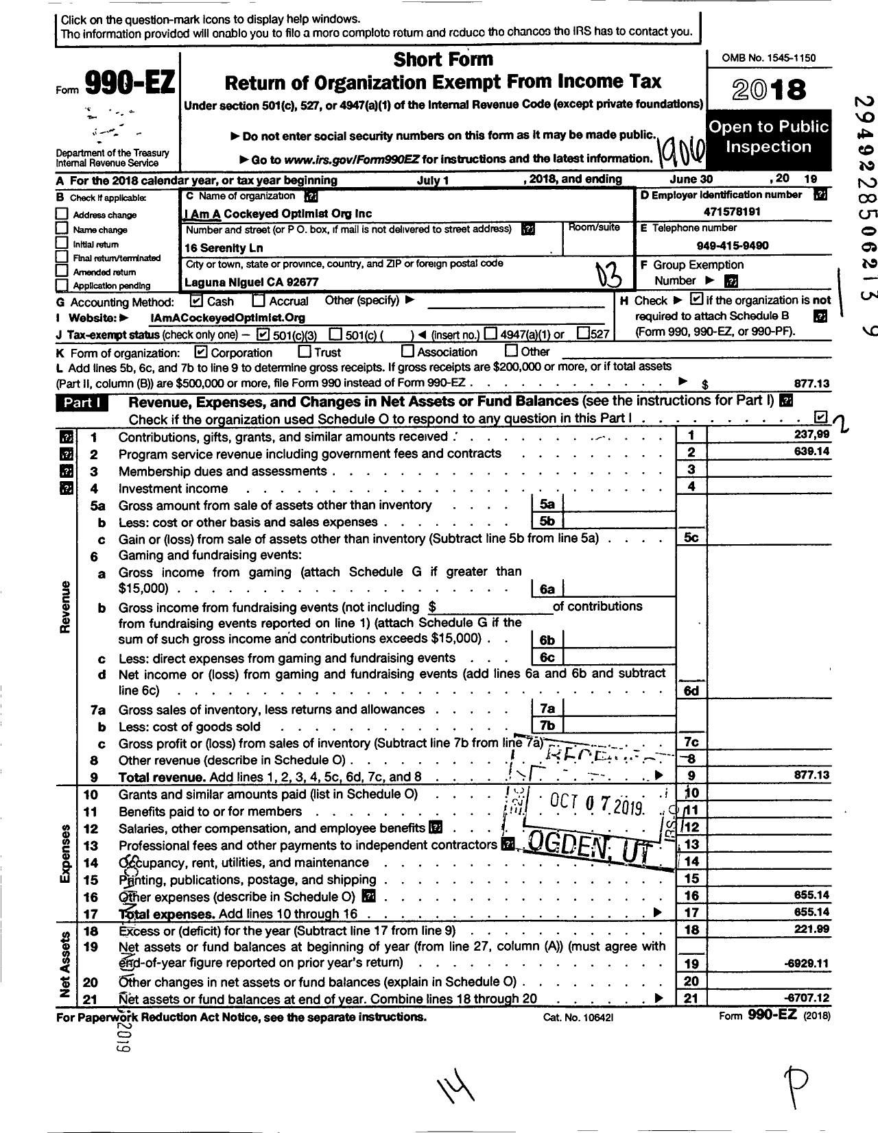 Image of first page of 2018 Form 990EZ for I Am A Cockeyed Optimist Org