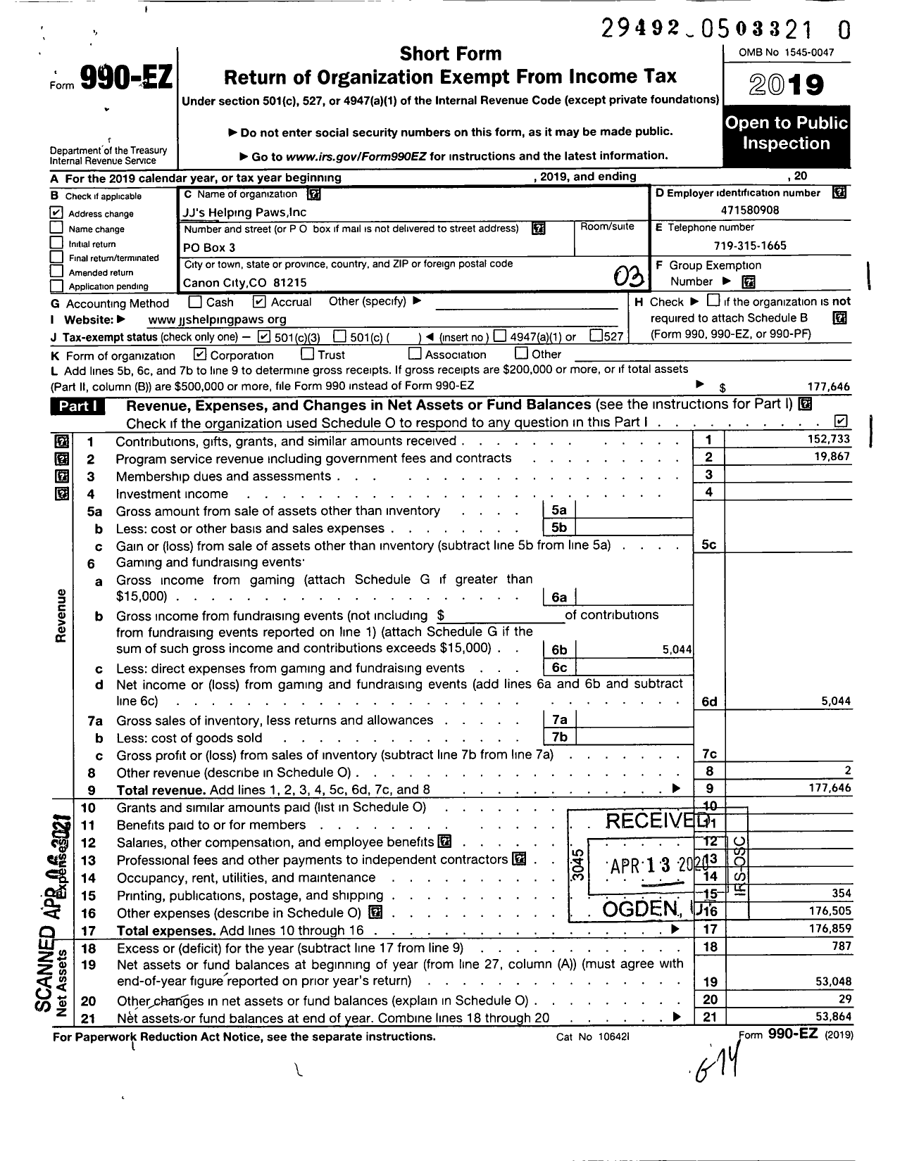 Image of first page of 2019 Form 990EZ for JJS Helping Paws