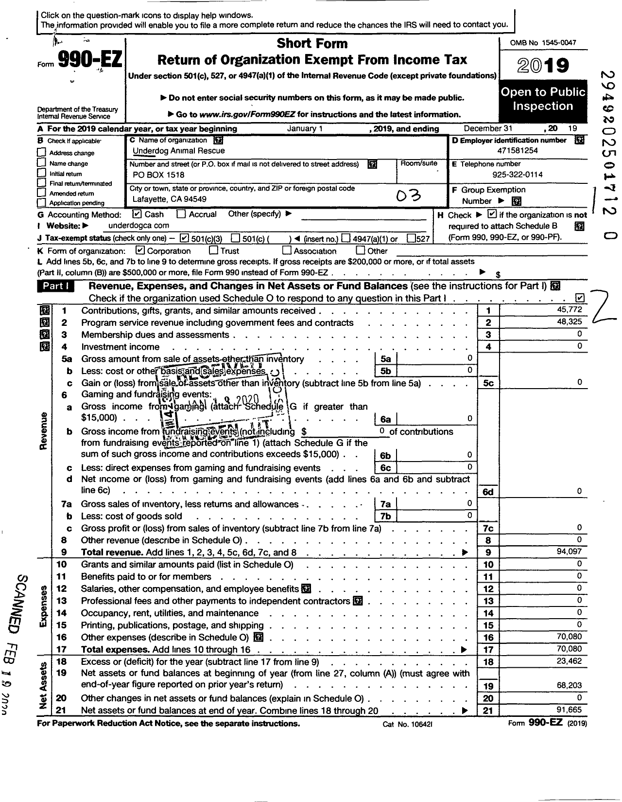 Image of first page of 2019 Form 990EZ for Underdog Animal Rescue