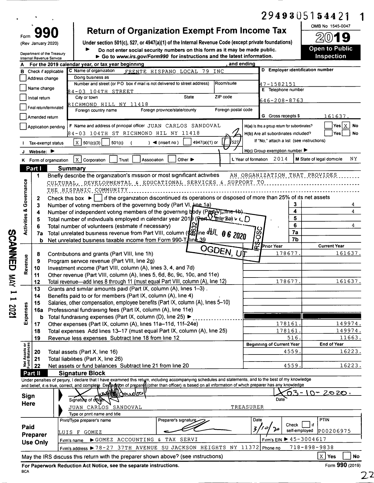 Image of first page of 2019 Form 990 for Frente Hispano Local 79