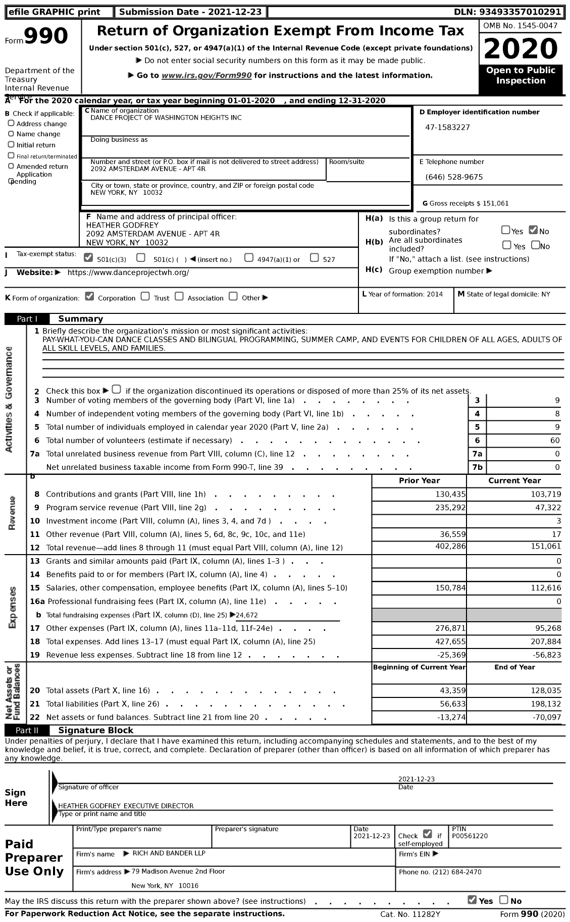 Image of first page of 2020 Form 990 for Dance Project Of Washington Heights