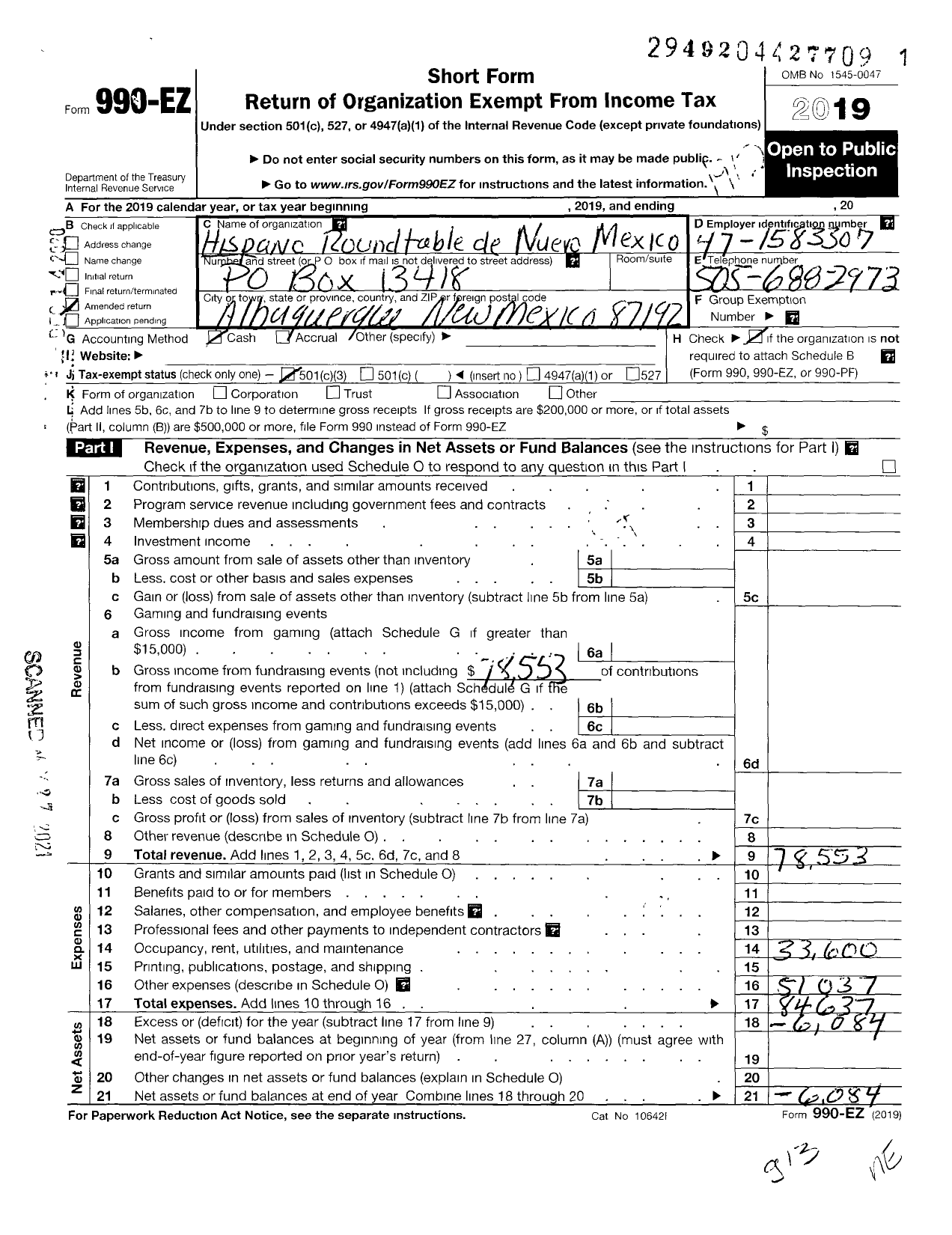 Image of first page of 2019 Form 990EZ for Hispanic Round Table de Nuevo Mexico