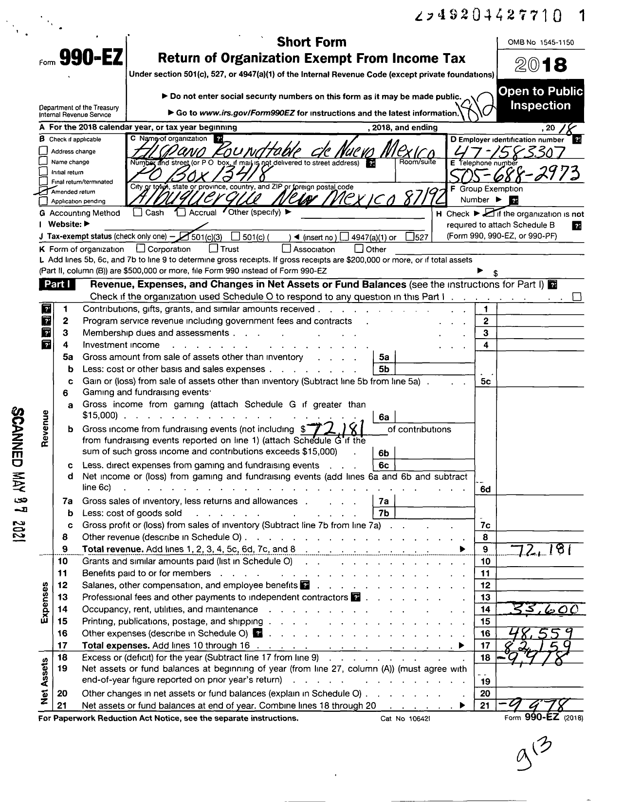 Image of first page of 2018 Form 990EZ for Hispanic Round Table de Nuevo Mexico