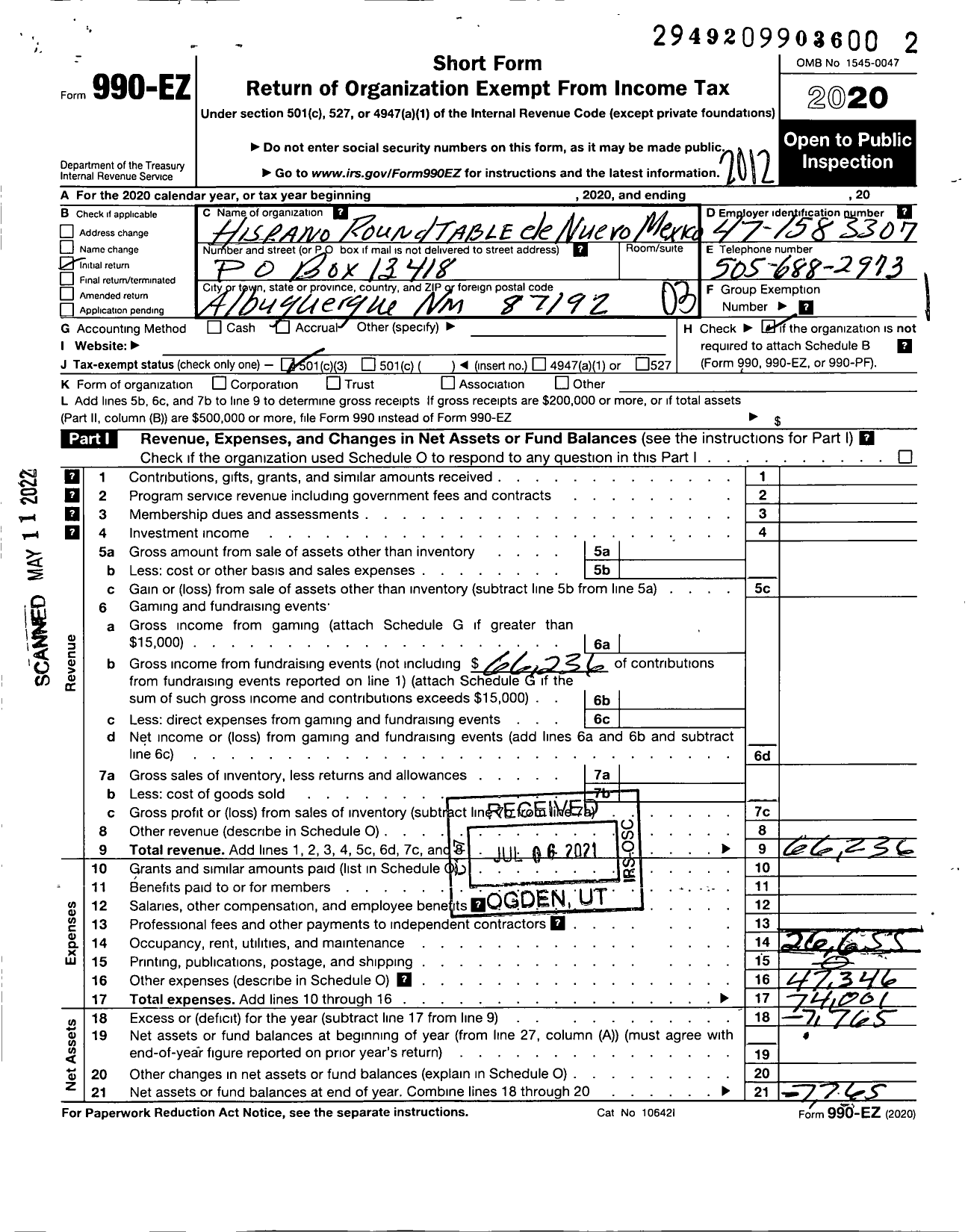 Image of first page of 2020 Form 990EZ for Hispanic Round Table de Nuevo Mexico